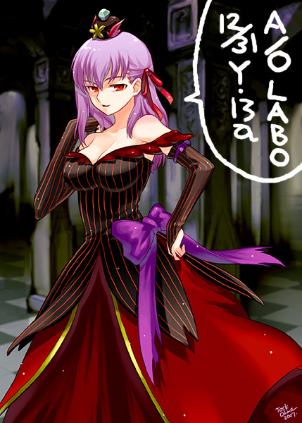 task owner, angra mainyu, angra mainyu (fate), dark matou sakura, dark sakura, matou sakura, fate/stay night, fate (series), striped, 00s, 1girl, adapted costume, adjusting hair, alternate costume, arm ribbon, bare shoulders, blurry, body blush, bow, breasts, bridal gauntlets, cleavage, corruption, crown, dark persona, dated, depth of field, dress, elbow gloves, female focus, formal clothes, gloves, gown, hair ribbon, half updo, indoors, large breasts, long hair, looking at viewer, off shoulder, pinstripe pattern, possessed, possession, purple hair, red eyes, ribbon, signature, smile, solo, speech bubble, standing, tile floor, tiles