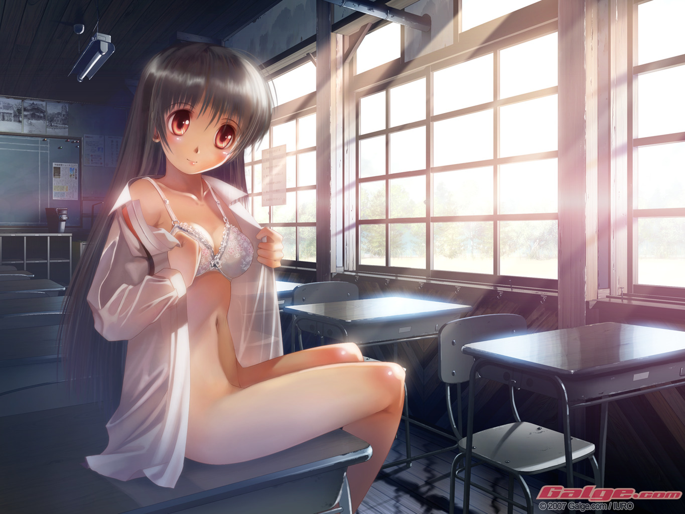 iuro, galge.com, silver hair, 1girl, 2007, bottomless, bra, classroom, desk, female focus, indoors, lingerie, long hair, open clothes, open shirt, red eyes, school, school desk, school uniform, serafuku, shirt, solo, underwear, undressing, white bra