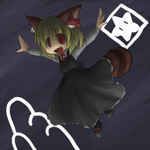 sasane, rumia, super star, super star (mario), embodiment of scarlet devil, mario (series), nintendo, super mario bros. 3, team shanghai alice, touhou, lowres, 1girl, :d, animal ears, blonde hair, crossover, fang, female focus, flying, kemonomimi mode, open mouth, parody, raccoon ears, raccoon tail, red eyes, short hair, smile, solo, tail