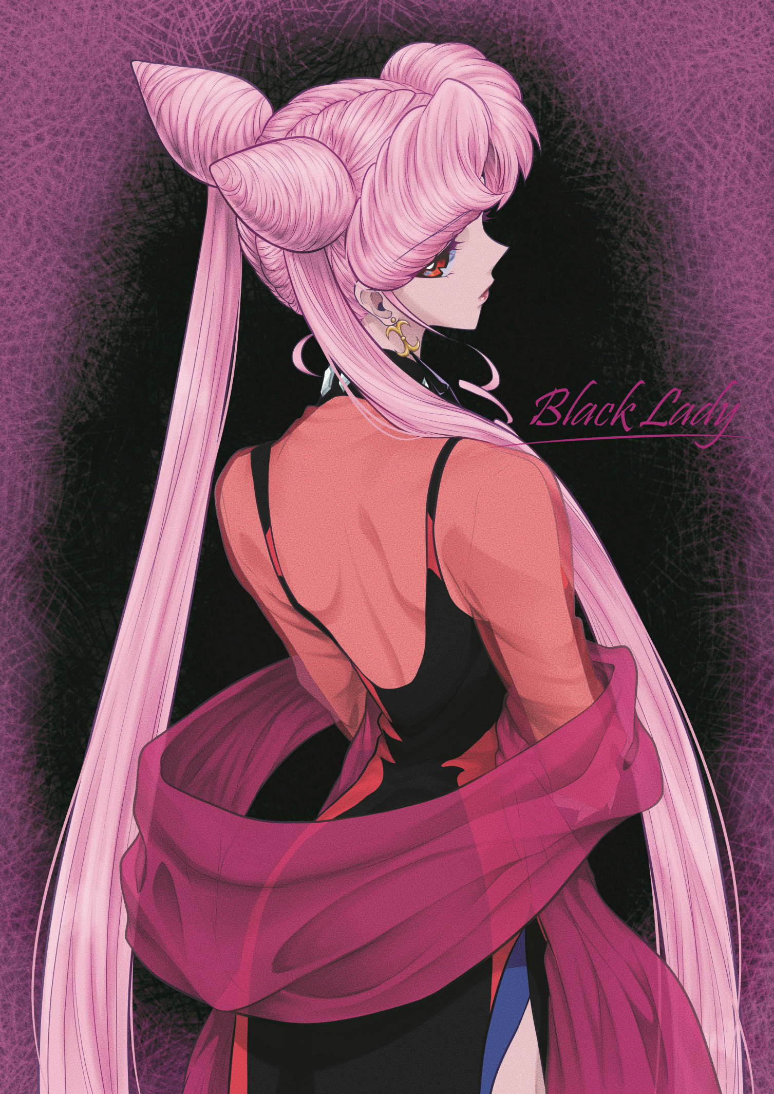 r-s-sm-v1-157, black lady (sailor moon), chibi usa, bishoujo senshi sailor moon, highres, 1girl, aged up, back, black dress, character name, cone hair bun, crescent, crescent facial mark, crystal earrings, dark persona, double bun, dress, earrings, facial mark, from behind, hair bun, jewelry, long hair, looking at viewer, looking back, median furrow, pink hair, see-through clothes, shoulder blades, side slit, solo, very long hair