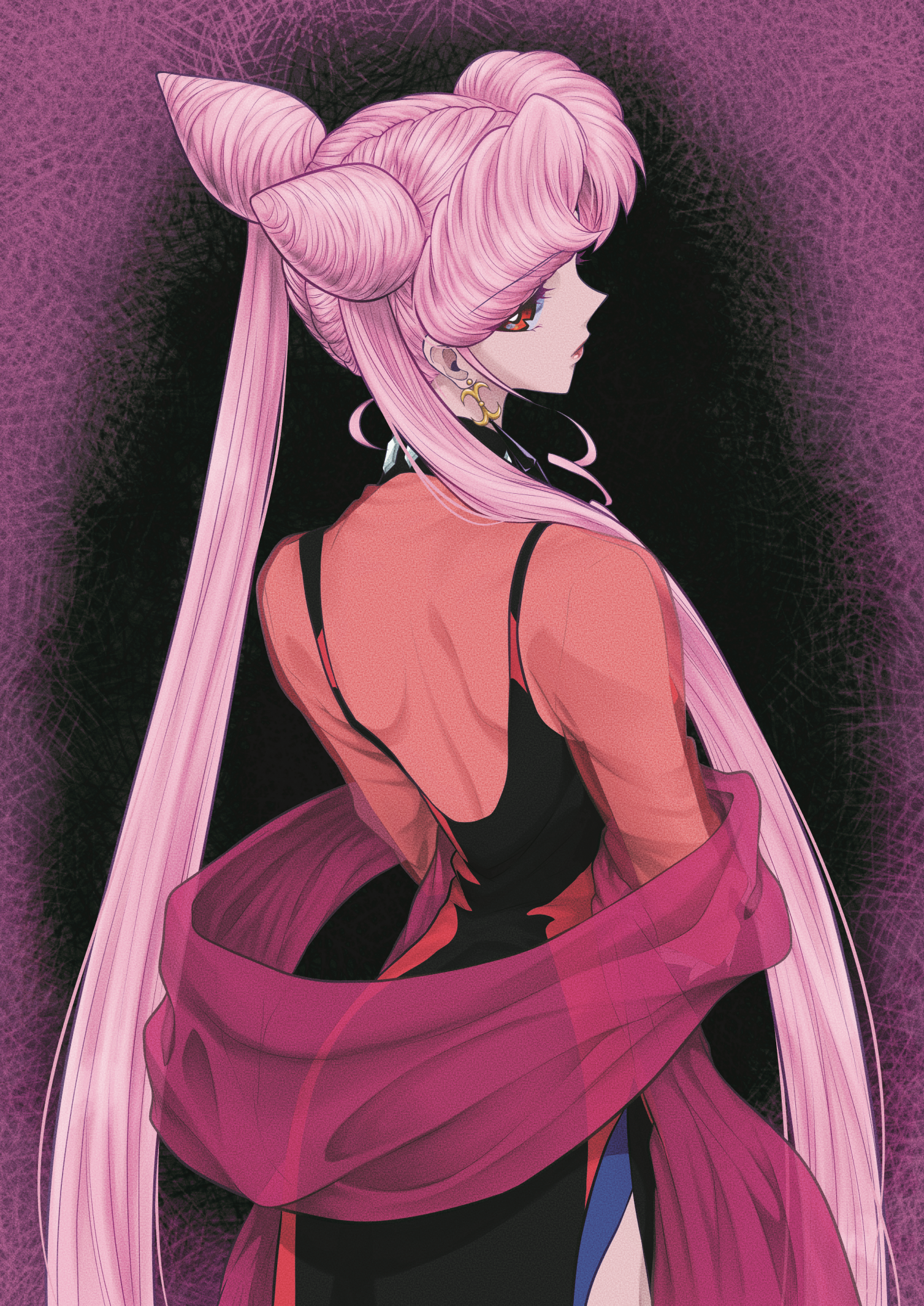 r-s-sm-v1-157, black lady (sailor moon), chibi usa, bishoujo senshi sailor moon, highres, 1girl, aged up, back, black dress, cone hair bun, crescent, crescent facial mark, crystal earrings, dark persona, double bun, dress, earrings, facial mark, from behind, hair bun, jewelry, long hair, looking at viewer, looking back, median furrow, pink hair, see-through clothes, shoulder blades, side slit, solo, very long hair
