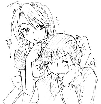 koizumi itsuki, koizumi itsuki (female), kyon, suzumiya haruhi no yuuutsu, lowres, 00s, 1boy, 1girl, animal ears, cat ears, genderswap, genderswap (mtf), greyscale, maid, monochrome, simple background