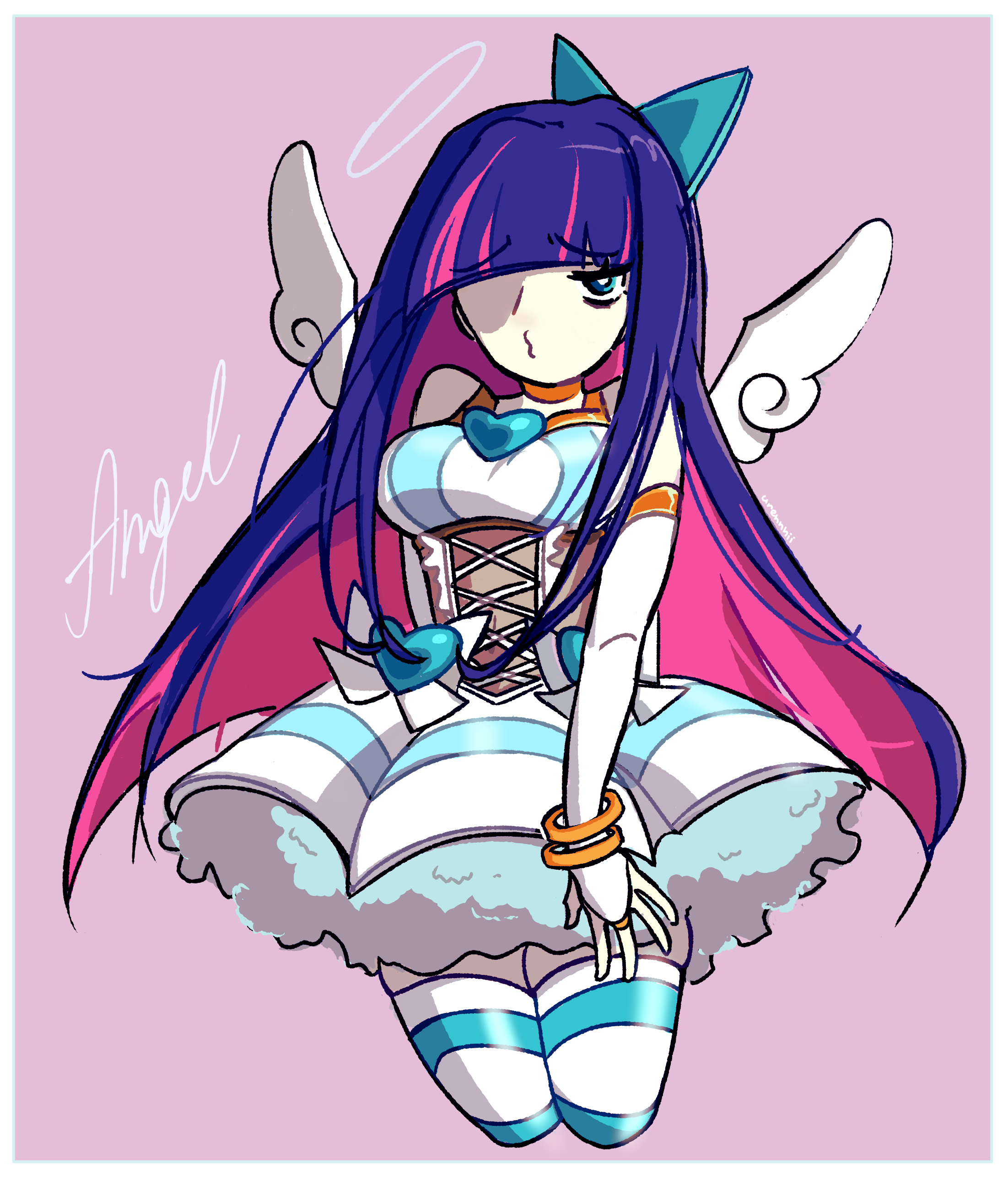 stocking (psg), panty & stocking with garterbelt, absurdres, highres, angel, armlet, bracelet, bubble skirt, colored inner hair, detached sleeves, dress, feathered wings, fur-trimmed skirt, fur trim, heart, jewelry, multicolored hair, pink hair, purple hair, skirt, striped clothes, striped dress, striped thighhighs, thighhighs, urennnii, wings