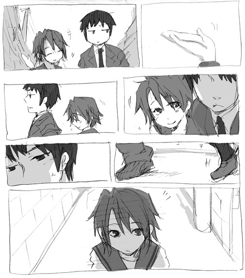 koizumi itsuki, koizumi itsuki (female), kyon, suzumiya haruhi no yuuutsu, 00s, 1boy, 1girl, comic, genderswap, genderswap (mtf), greyscale, monochrome, silent comic