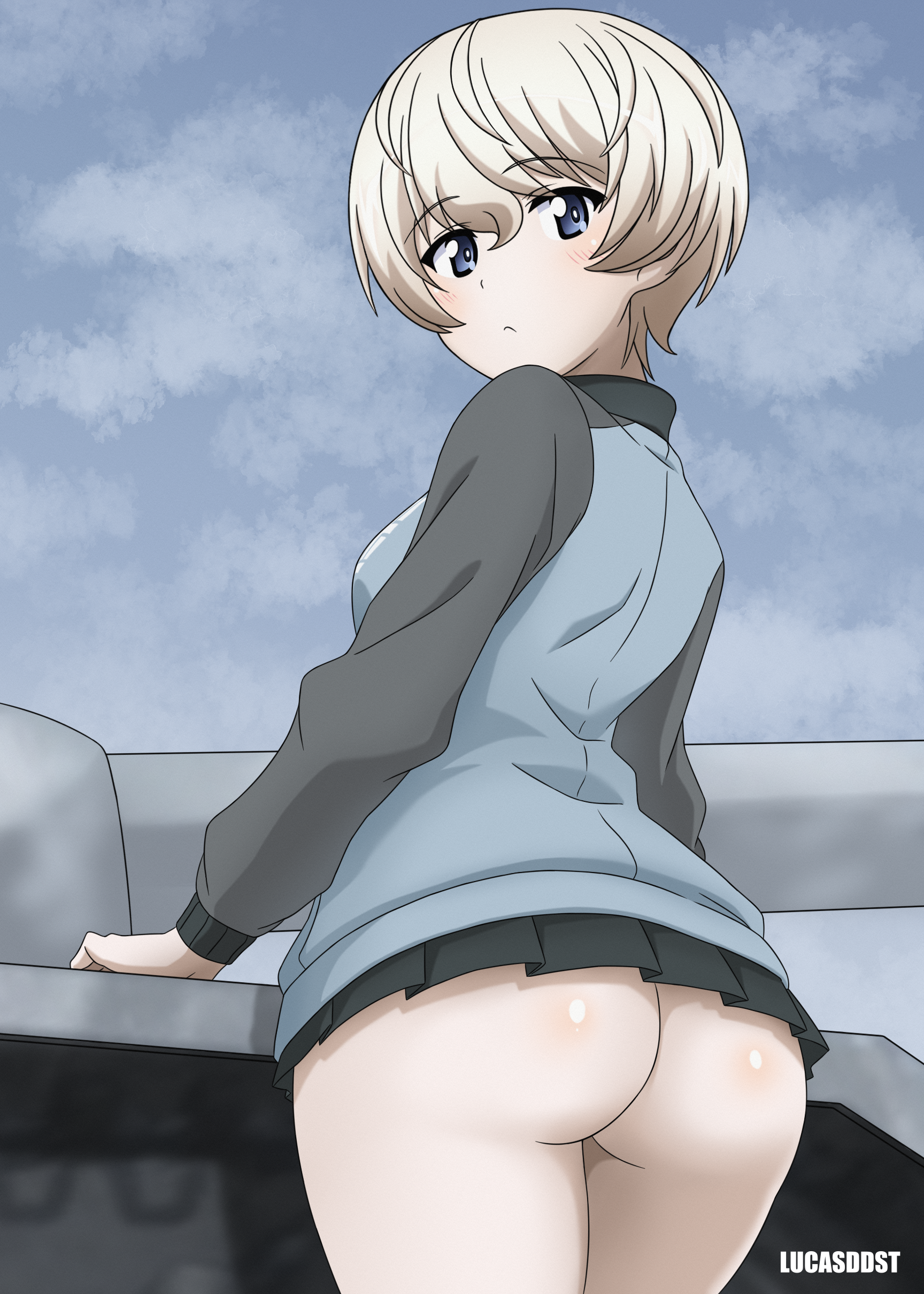 lucasddst, aki (girls und panzer), girls und panzer, absurdres, highres, 1girl, ass, blonde hair, blue eyes, blush, breasts, closed mouth, jacket, keizoku military uniform, large breasts, looking at viewer, microskirt, military uniform, military vehicle, motor vehicle, no panties, outdoors, short hair, signature, skirt, sky, solo, tank, track jacket
