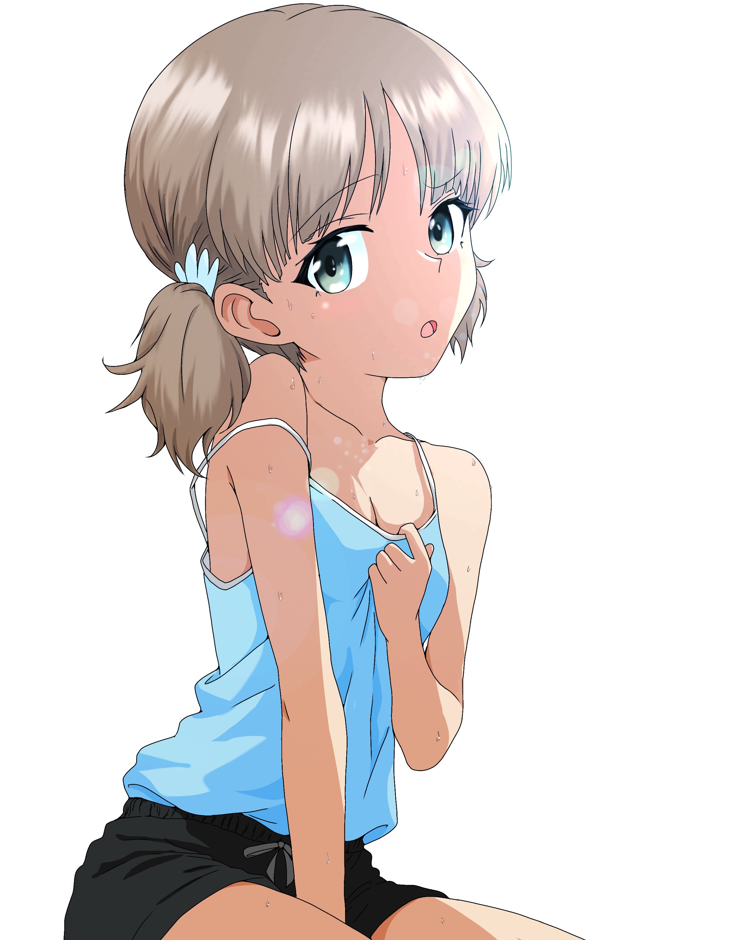 death moa, aki (girls und panzer), girls und panzer, absurdres, highres, 1girl, black shorts, blonde hair, blue eyes, blue shirt, blush, breasts, cleavage, collarbone, looking at viewer, open mouth, shirt, short hair, shorts, simple background, small breasts, solo, twintails, white background