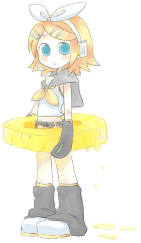 hinata (artist), magamoto, kagamine rin, vocaloid, lowres, 1girl, arm warmers, belt, blonde hair, blouse, blue eyes, blush, bow, dripping, female focus, full body, hair bow, hair ornament, hairclip, headphones, holding, hoop, leg warmers, looking at viewer, microphone, ribbon, sailor collar, shirt, shoes, short hair, shorts, simple background, sleeveless, solo, standing, swept bangs, white background, white bow, white shirt, yellow ribbon