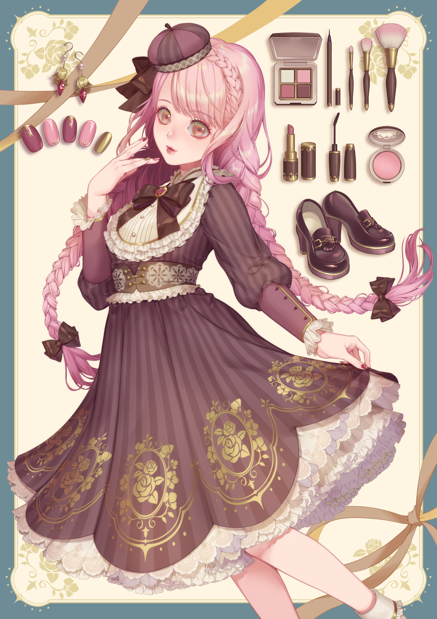 suzuhiro, nikki (nikki), nikki (series), original, shining nikki, commentary request, highres, 1girl, aqua bow, belt, belt buckle, beret, bib collar, black belt, black shoes, bow, bowtie, braid, brooch, brown bow, brown bowtie, brown dress, brown eyes, brown hat, buckle, classic lolita, closed mouth, collar, compact (cosmetics), cosmetics, crown braid, dress, earrings, expressionless, eyelashes, fake nails, feet out of frame, frilled collar, frilled sleeves, frilled socks, frills, gold buckle, hair bow, hand on own face, hat, high heels, jewelry, light blush, lipstick, lipstick tube, loafers, lolita fashion, long hair, long sleeves, low twin braids, makeup, makeup brush, mascara wand, medium dress, mini hat, multiple hair bows, nail polish, outside border, pink hair, puffy long sleeves, puffy sleeves, pumps, red brooch, red lips, red nails, ribbon, shoe belt, shoes, sidelocks, socks, solo, standing, striped clothes, striped dress, twin braids, unworn earring, unworn shoes, vertical-striped clothes, vertical-striped dress, very long hair, white background, white collar, white socks, yellow ribbon