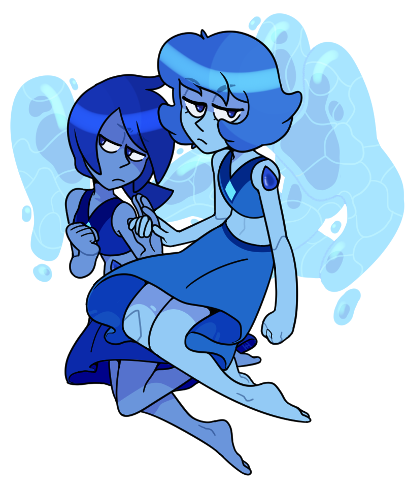 discount-supervillain, steven universe, 2girls, blue hair, blue skin, bob cut, colored skin, crop top, design speculation, homeworld gem uniform, homeworld lapis lazuli uniform, lapis lazuli (gemstone), lapis lazuli (species) (steven universe), mean lapis, midriff, multiple girls, nice lapis, steven universe: future