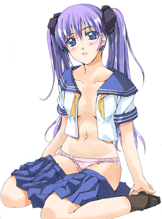 amaya yuu, hiiragi kagami, lucky star, 00s, no bra, open clothes, open shirt, panties, school uniform, serafuku, shirt, solo, underwear, undressing