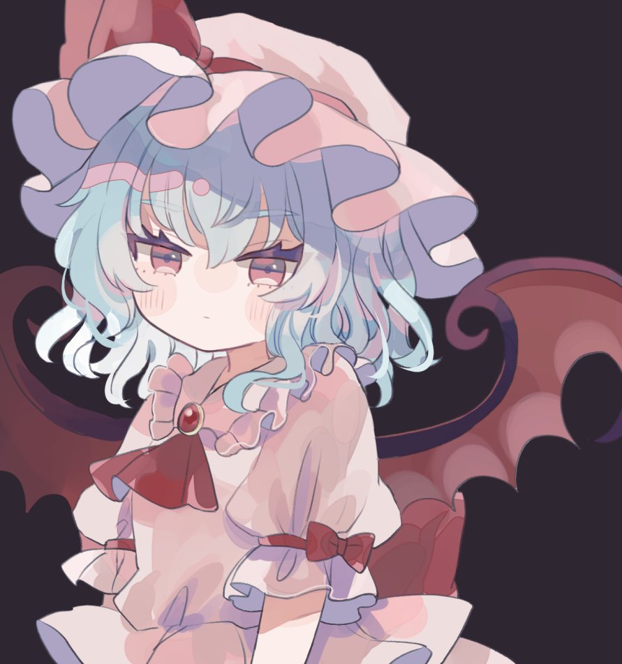 hiyuu (hiyualice), remilia scarlet, touhou, commentary request, 1girl, ascot, bat wings, black background, blue hair, blush stickers, bow, dress, dress bow, frilled dress, frills, hat, looking at viewer, mob cap, pink hat, puffy short sleeves, puffy sleeves, red ascot, short hair, short sleeves, simple background, solo, wings