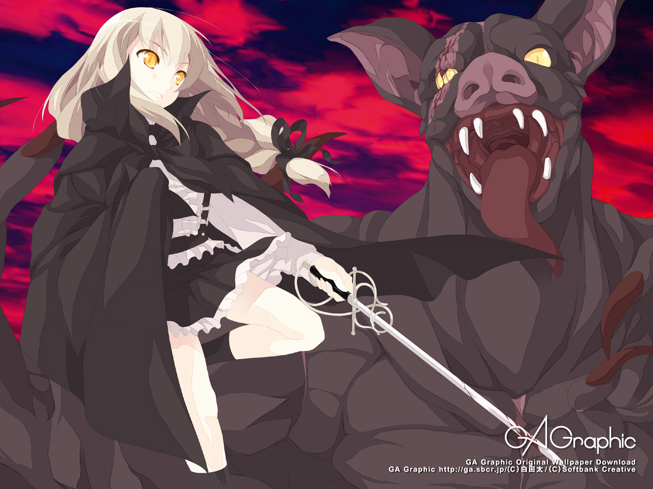 shirota dai, gagraphic, 1girl, :p, bare legs, battle, black skirt, blonde hair, brown eyes, cape, claws, frilled skirt, frills, leg up, long hair, monster, open mouth, red sky, sharp teeth, skirt, sky, standing, standing on one leg, teeth, tongue, tongue out, yellow eyes