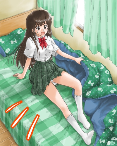 mashiro yuu, ohyuki, ooyuki, joushima ayumi, okashi na futari, gender request, lowres, 1girl, bed, brown eyes, brown hair, female focus, genderswap, panties, pantyshot, school uniform, serafuku, short hair, socks, solo, underwear