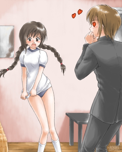 mashiro yuu, ohyuki, ooyuki, joushima ayumi, joushima satori, okashi na futari, lowres, 1boy, 1girl, blush, braid, brown hair, buruma, genderswap, genderswap (ftm), genderswap (mtf), gym uniform, heart, heart-shaped eyes, school uniform, shirt tug, socks, twin braids, twintails