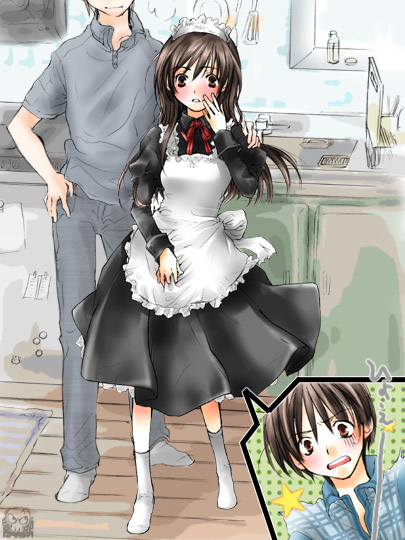 mashiro yuu, toujou sakana, joushima ayumi, okashi na futari, gender request, 1girl, 2boys, apron, blush, brown eyes, brown hair, dual persona, genderswap, long hair, maid, maid headdress, multiple boys, socks, tojo sakana
