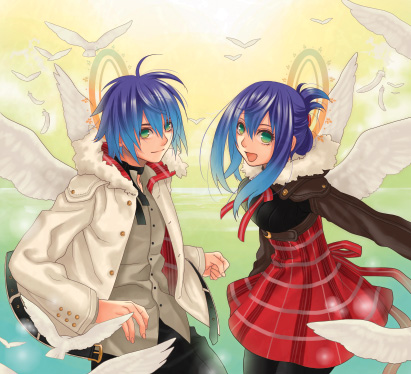 hatake michi, lowres, blue hair, feathers, jacket, pantyhose, skirt, wings