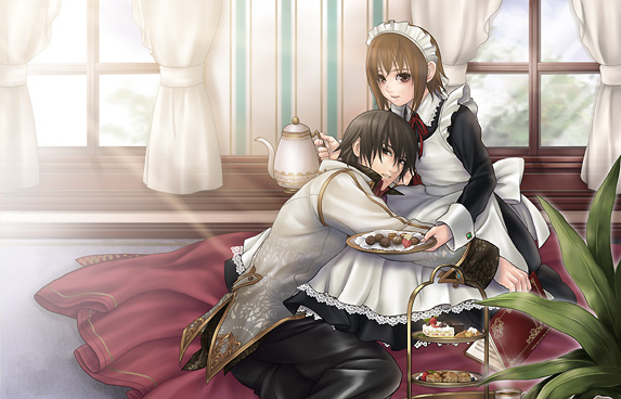 hatake michi, 1boy, 1girl, apron, black hair, brown eyes, brown hair, cake, dress, food, headdress, holding, indoors, jacket, long sleeves, looking at viewer, maid, maid apron, maid headdress, pants, plant, red ribbon, ribbon, short hair, sitting, window