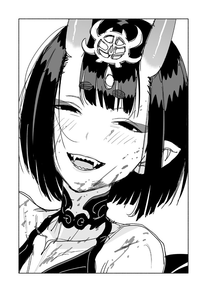 birdhatter, shuten douji (fate), fate/grand order, fate (series), 1girl, bare shoulders, blood, blood on face, blush, collar, collarbone, fangs, hair ornament, horns, makeup, monochrome, oni, pointy ears, short hair
