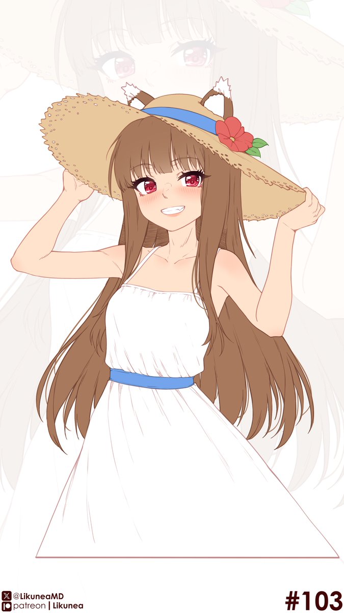 likunea, holo, spice and wolf, commentary, english commentary, highres, 1girl, animal ears, blush, brown hair, brown hat, clenched teeth, dress, ears through headwear, hat, long hair, looking at viewer, patreon logo, patreon username, red eyes, smile, solo, straw hat, sundress, tail, teeth, twitter username, twitter x logo, white dress, wolf ears, wolf girl, wolf tail, zoom layer