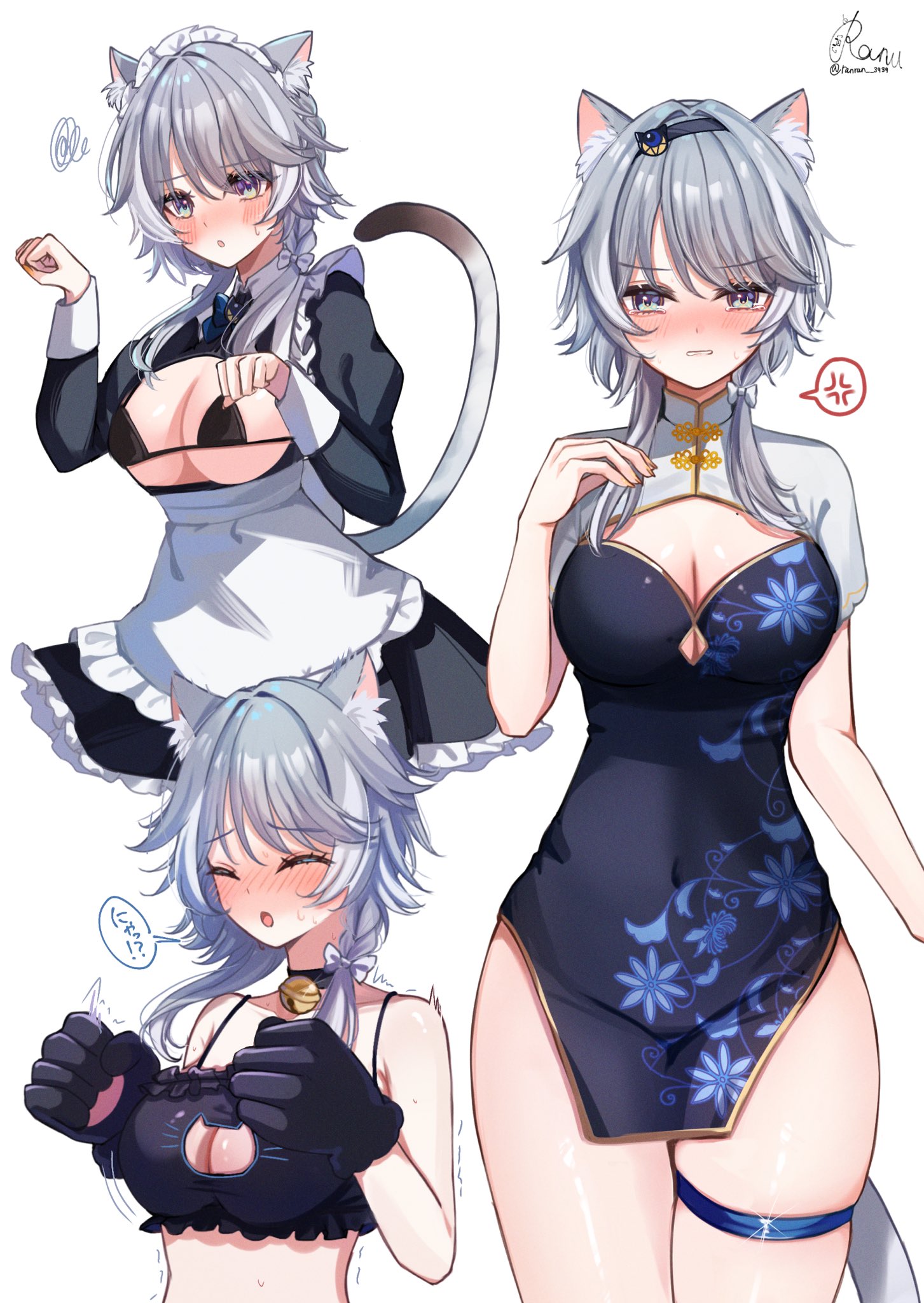 ranran 3939, cipher (honkai: star rail), honkai: star rail, honkai (series), highres, !?, 1girl, :o, alternate costume, anger vein, animal ear fluff, animal ears, animal hands, apron, bell, black bra, black choker, black dress, black gloves, bra, breasts, cat cutout, cat ears, cat girl, cat tail, china dress, chinese clothes, choker, cleavage, cleavage cutout, closed eyes, clothing cutout, covered navel, dress, enmaided, floral print, floral print dress, frilled bra, frilled hairband, frills, gloves, grey hair, hair between eyes, hairband, hand up, hands up, jingle bell, large breasts, long sleeves, looking at viewer, maid, maid headdress, multiple views, neck bell, paw gloves, paw pose, print dress, puffy long sleeves, puffy sleeves, short hair with long locks, signature, simple background, spoken anger vein, tail, thigh strap, twitter username, underwear, waist apron, white apron, white background, white hairband