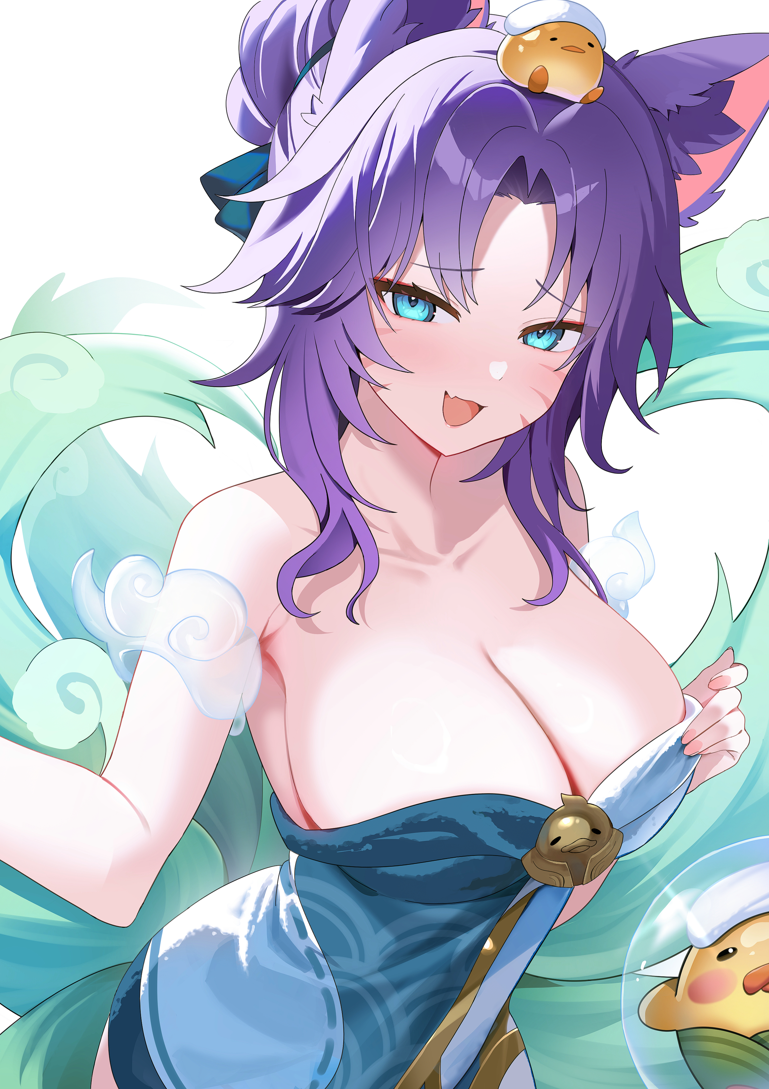 pelicana, ahri (league of legends), league of legends, absurdres, highres, 1girl, animal ears, bird, blue eyes, blush, breasts, duck, fang, fox ears, fox girl, large breasts, multiple tails, naked towel, open mouth, purple hair, simple background, skin fang, solo, spirit blossom springs ahri, tail, towel, white background
