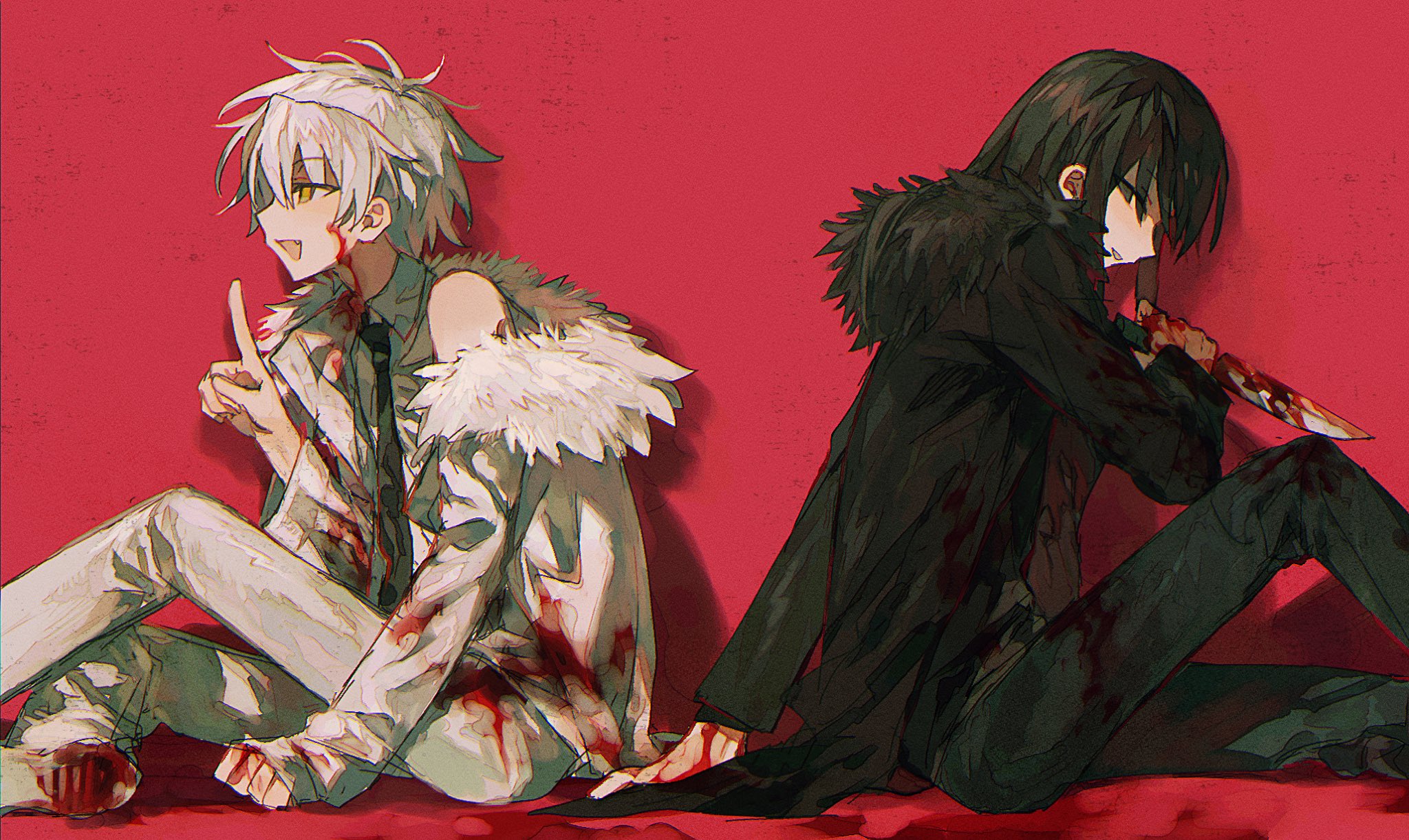 nazo smile, highres, 2boys, black eyes, black hair, black jacket, black necktie, black pants, blood, blood on clothes, blood on face, bloody knife, collared shirt, fur-trimmed jacket, fur trim, holding, holding knife, index finger raised, jacket, kaina (mushoku no kaina), knife, long hair, looking at viewer, male focus, multiple boys, mushoku no kaina, nakae mio, necktie, off shoulder, pants, red background, shirt, simple background, sitting, sleeveless, sleeveless shirt, smile, white hair, white jacket, white pants, white shirt, yellow eyes