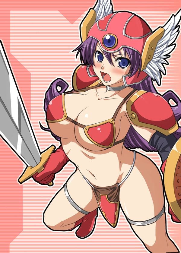akino hamo, warrior (dq3), chunsoft, dragon quest, dragon quest iii, enix, square enix, 1girl, armor, bikini armor, blue eyes, blush, breasts, choker, cleavage, female focus, gloves, helmet, long hair, navel, open mouth, purple hair, red armor, shield, solo, sword, thigh strap, weapon