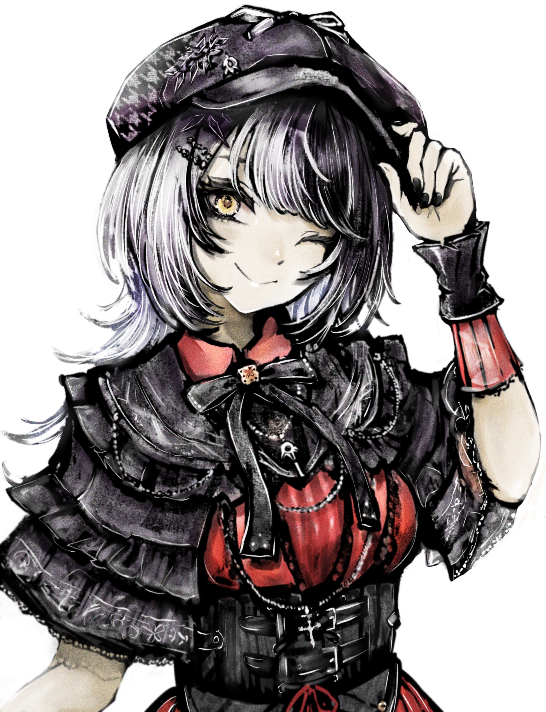 tsukihi shida, shiori novella, shiori novella (casual), hololive, hololive english, commentary, highres, 1girl, ;), black bow, black bowtie, black capelet, black corset, black hair, black hat, black nails, bow, bowtie, breasts, capelet, closed mouth, corset, cross, cross necklace, deerstalker, dress, fingernails, grey hair, hair ornament, hairclip, hand on headwear, hat, jewelry, large breasts, long fingernails, long hair, looking at viewer, multicolored hair, nail polish, necklace, official alternate costume, one eye closed, red dress, simple background, smile, solo, split-color hair, two-tone hair, upper body, virtual youtuber, white background, yellow eyes