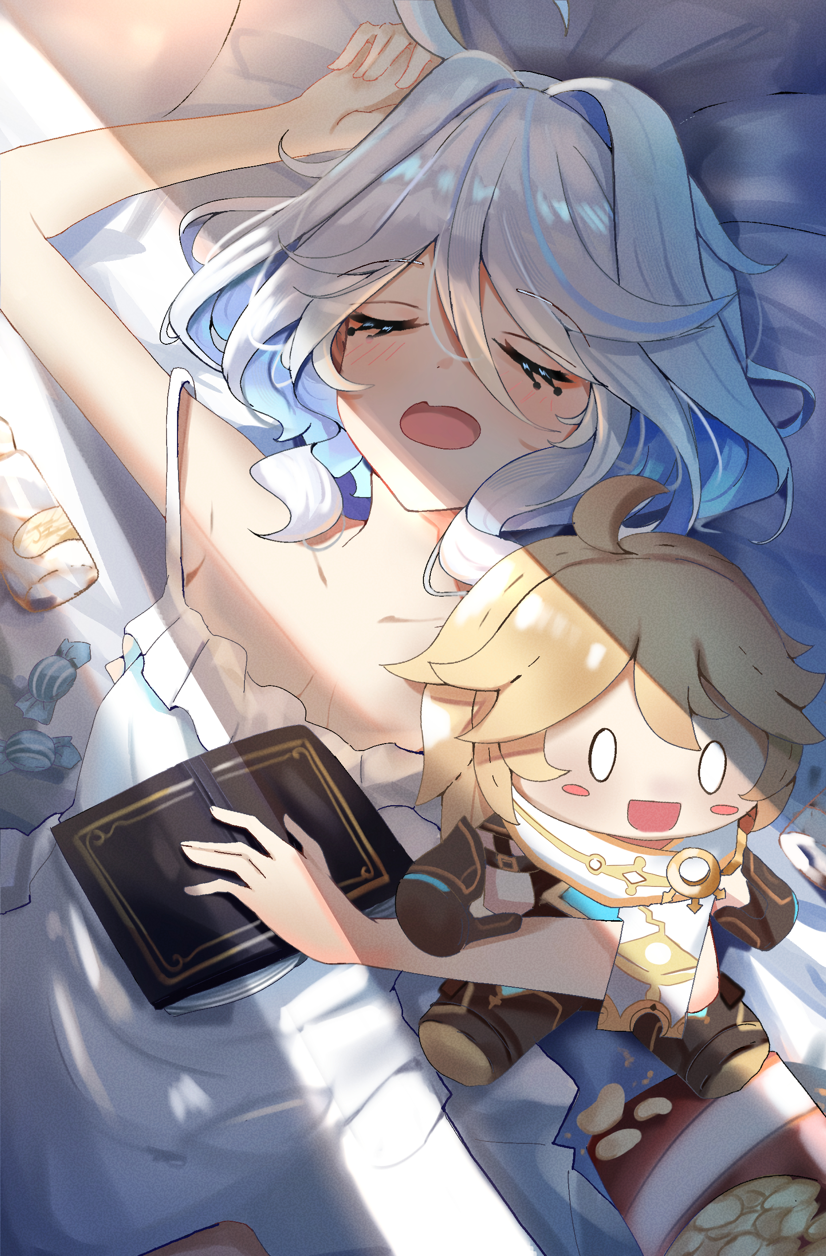 bimmy, aether (genshin impact), furina (genshin impact), genshin impact, absurdres, highres, 1girl, :o, ahoge, bare shoulders, blue hair, blush, book, character doll, closed eyes, collarbone, colored inner hair, cowboy shot, crack of light, doll, dress, dutch angle, facing viewer, fang, hair between eyes, hair intakes, holding, holding book, hugging object, indoors, lying, medium hair, morning, multicolored hair, on back, on bed, open mouth, short dress, skin fang, sleeping, sleeveless, sleeveless dress, solo, strap slip, streaked hair, white dress, white hair