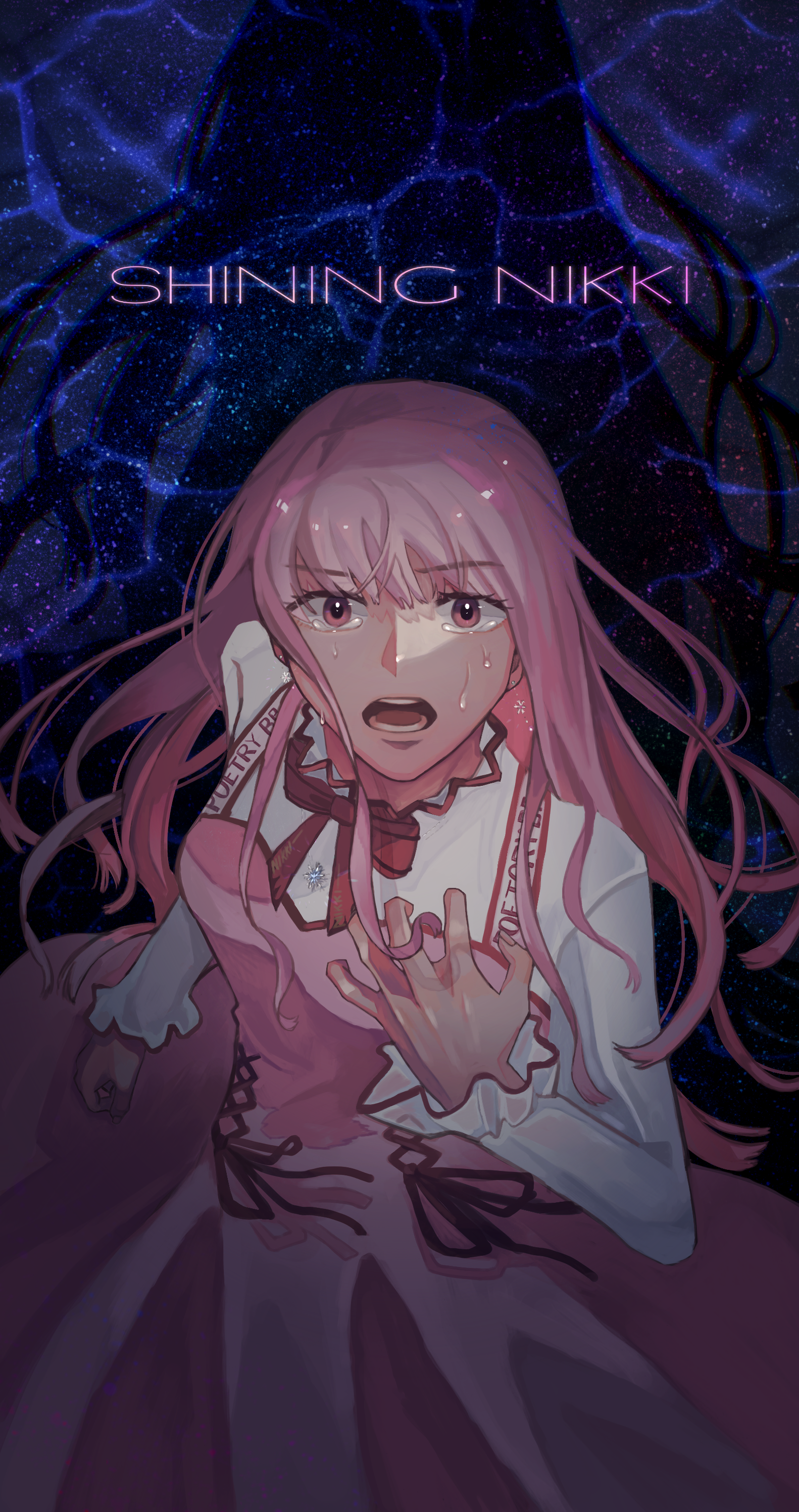 tokofu u, bloom poetry (shining nikki), nikki (nikki), nikki (series), shining nikki, absurdres, highres, collared shirt, copyright name, cross-laced clothes, cross-laced dress, crying, crying with eyes open, dress, dress ribbon, eyelashes, hand on own chest, high collar, long hair, long sidelocks, long sleeves, looking at viewer, loose hair strand, open mouth, pinafore dress, pink dress, pink eyes, pink hair, pleated dress, red ribbon, ribbon, sad, shadow, shirt, sidelocks, sleeveless, sleeveless dress, sleeves past wrists, teardrop, tears, teeth, very long hair, water, wavy hair, white shirt, wide-eyed