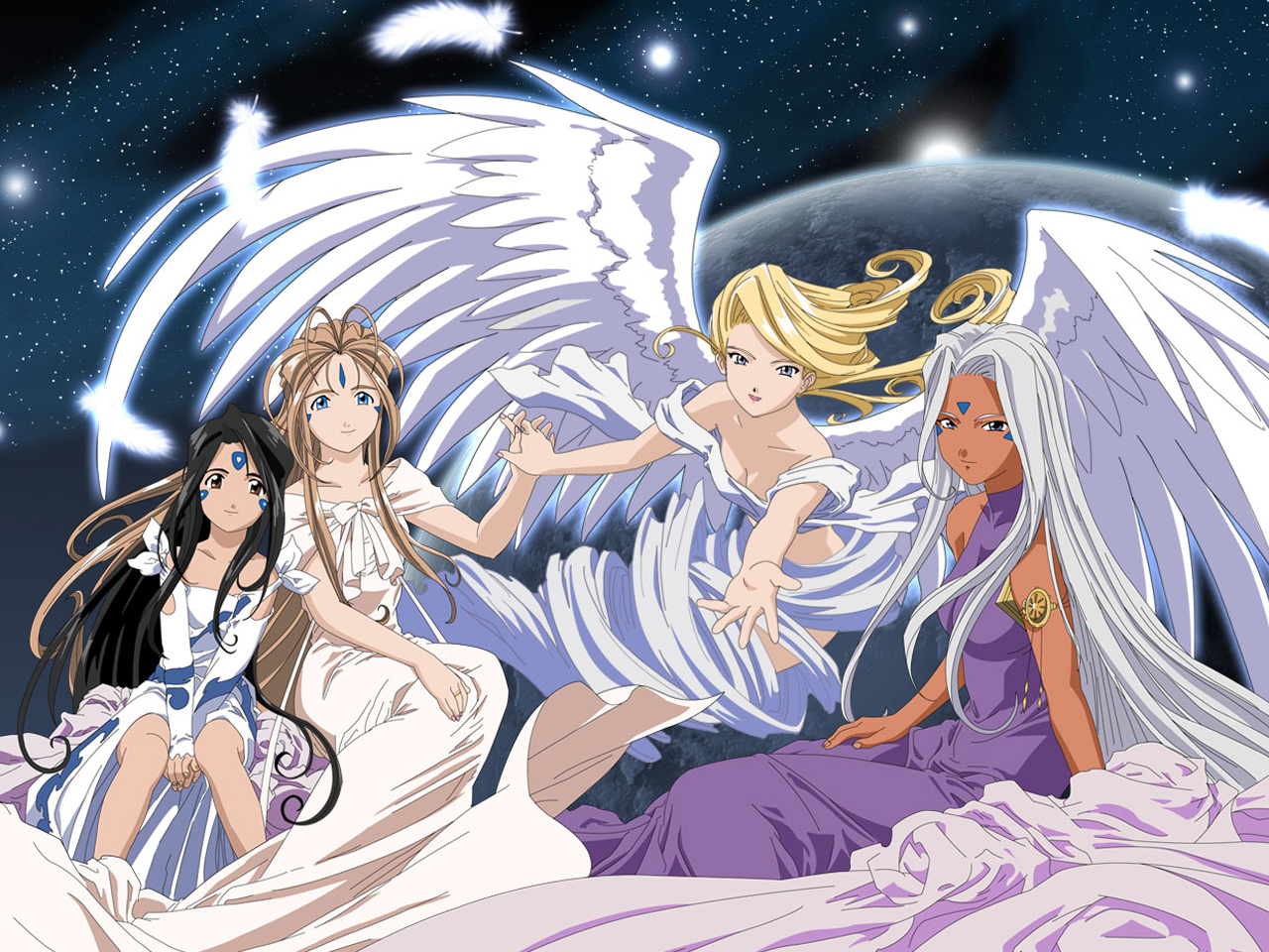 belldandy, holy bell, skuld (aa megami-sama), urd (aa megami-sama), aa megami-sama, 1990s (style), 4girls, angel, black hair, blonde hair, blue eyes, brown eyes, brown hair, dress, facial mark, forehead mark, jewelry, long hair, long legs, multiple girls, purple eyes, retro artstyle, ring, space, very long hair, white hair, wings