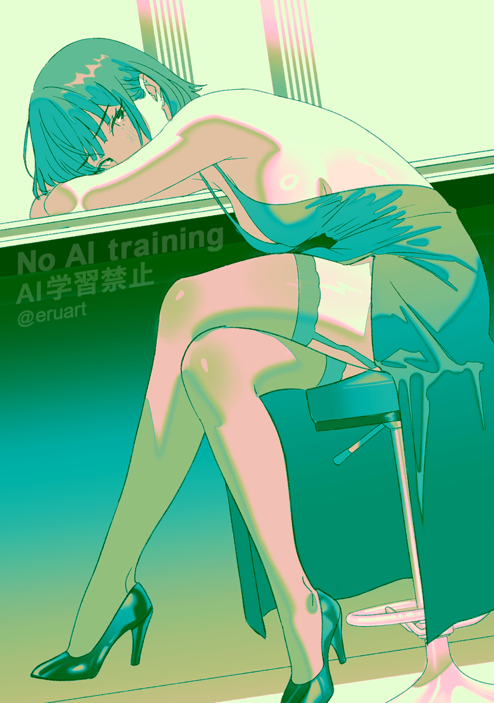 rapa rachi, fubuki (one-punch man), one-punch man, highres, 1girl, alternate costume, armpit crease, artist name, backless dress, backless outfit, bare shoulders, breasts, crossed legs, dress, eyelashes, full body, garter straps, high heels, large breasts, leaning forward, legs, long dress, looking at viewer, medium hair, monochrome, side slit, sideboob, solo, stiletto heels, twitter username