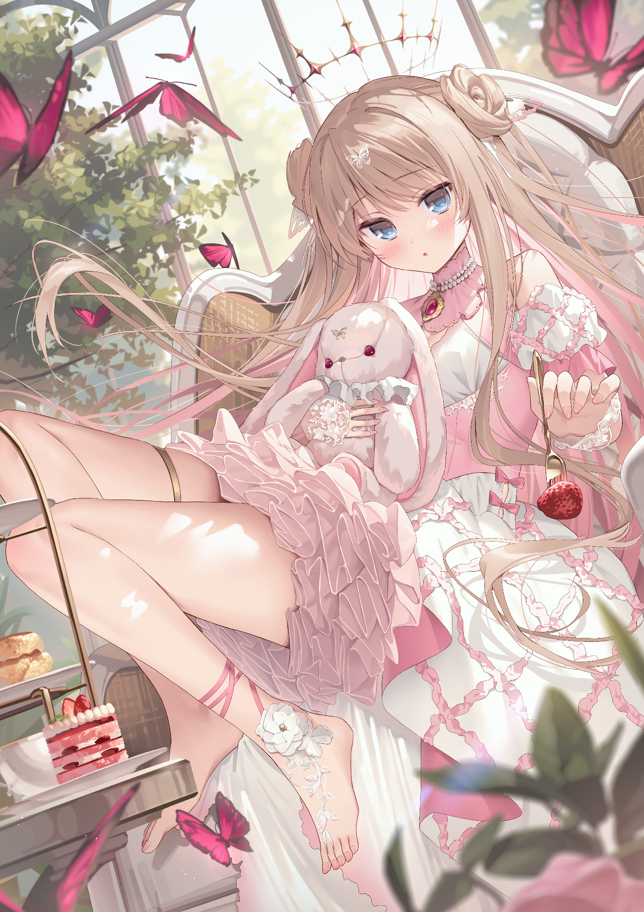 mofukoke, original, commentary request, highres, 1girl, barefoot, blue eyes, blush, breasts, brown hair, bug, butterfly, chair, double bun, dress, flower, food, fork, fruit, gold thighlet, hair bun, holding, holding fork, insect, jewelry, long hair, looking at viewer, pendant, pink dress, sitting, solo, strawberry, stuffed animal, stuffed toy, teddy bear, thighlet, white dress