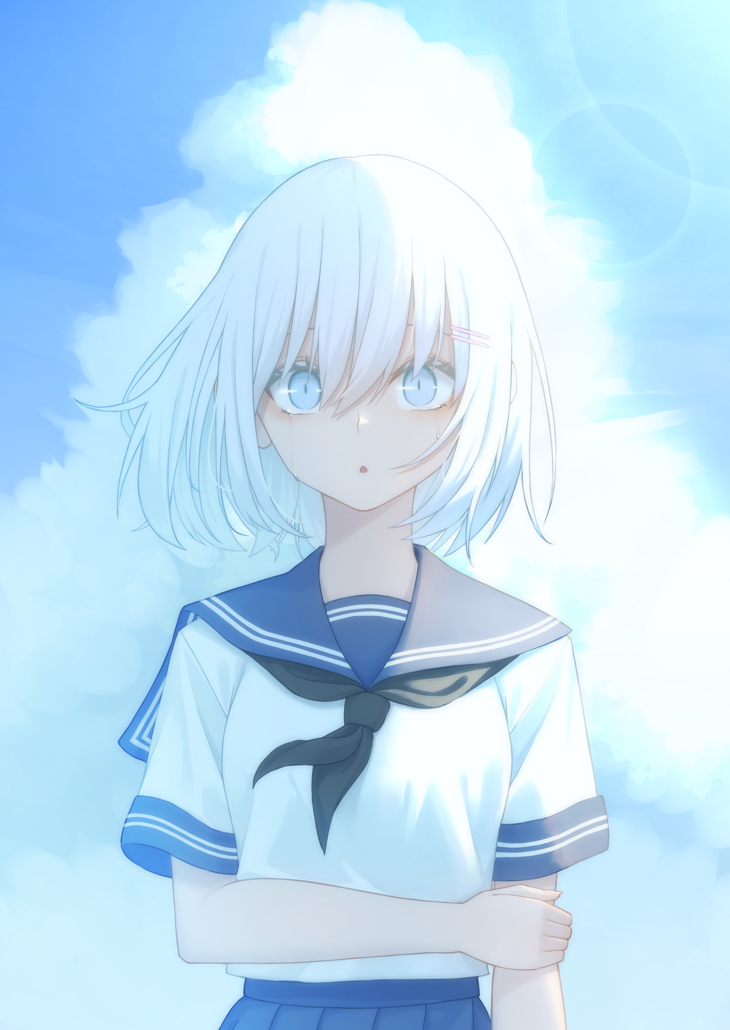 hoshi shimeji (yuki-e-toriusu1), original, absurdres, highres, 1girl, :o, black neckerchief, blue eyes, blue sailor collar, cloud, cloudy sky, dress, hair ornament, hairclip, holding own arm, looking at viewer, neckerchief, sailor collar, sailor dress, sailor shirt, school uniform, serafuku, shirt, short hair, sky, solo, straight-on, white hair