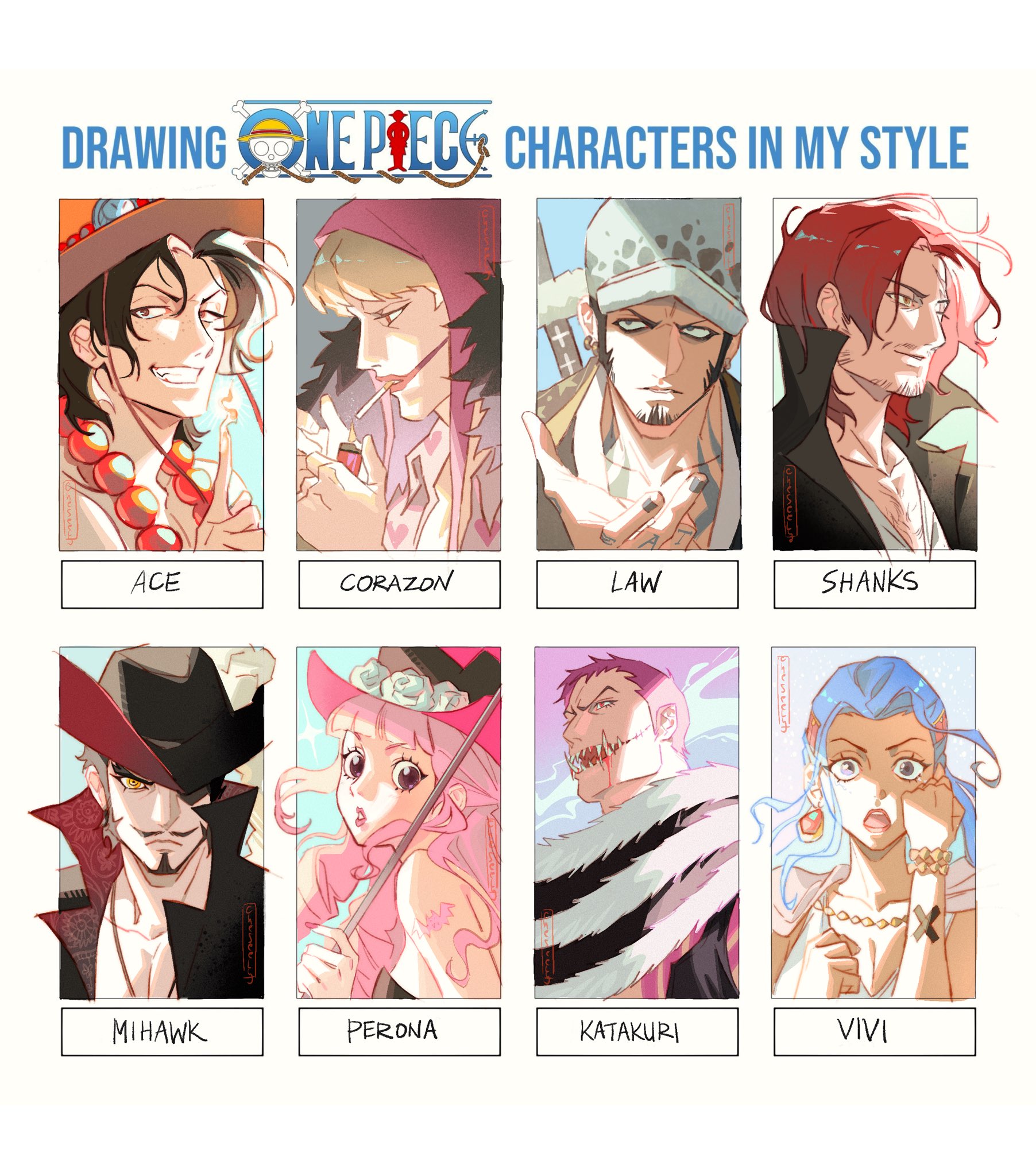 cheseely, charlotte katakuri, donquixote rocinante, dracule mihawk, nefertari vivi, perona, portgas d. ace, shanks (one piece), trafalgar law, one piece, commentary, highres, 2girls, 6+boys, arm tattoo, beard, black hair, blonde hair, blue eyes, blunt bangs, cape, character name, earrings, facial hair, fire, freckles, goatee, half updo, hat, holding, holding umbrella, jewelry, long hair, looking at viewer, looking to the side, makeup, multiple boys, multiple drawing challenge, multiple girls, mustache, necklace, open mouth, orange hat, pearl necklace, pink hair, purple hair, red hair, ringed eyes, sharp teeth, short hair, smile, stitched mouth, stitches, tattoo, teeth, umbrella, yellow eyes