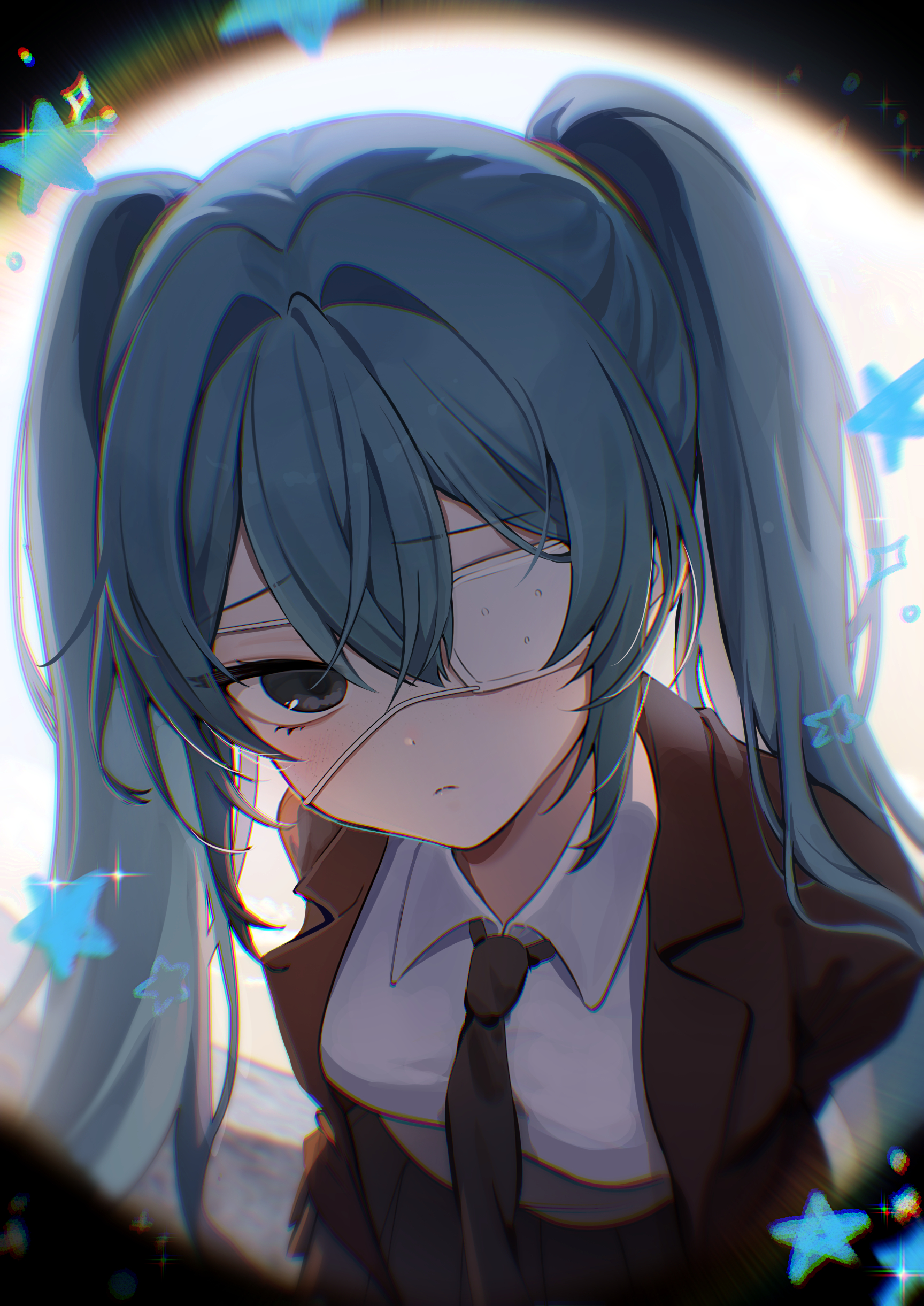 danha, hatsune miku, monitoring (vocaloid), vocaloid, absurdres, commentary, highres, 1girl, aqua hair, arms behind back, black jacket, black necktie, blush, breasts, closed mouth, collared shirt, eyepatch, grey eyes, hair between eyes, hair ornament, jacket, long hair, medium breasts, necktie, one eye covered, shirt, twintails, very long hair, white shirt