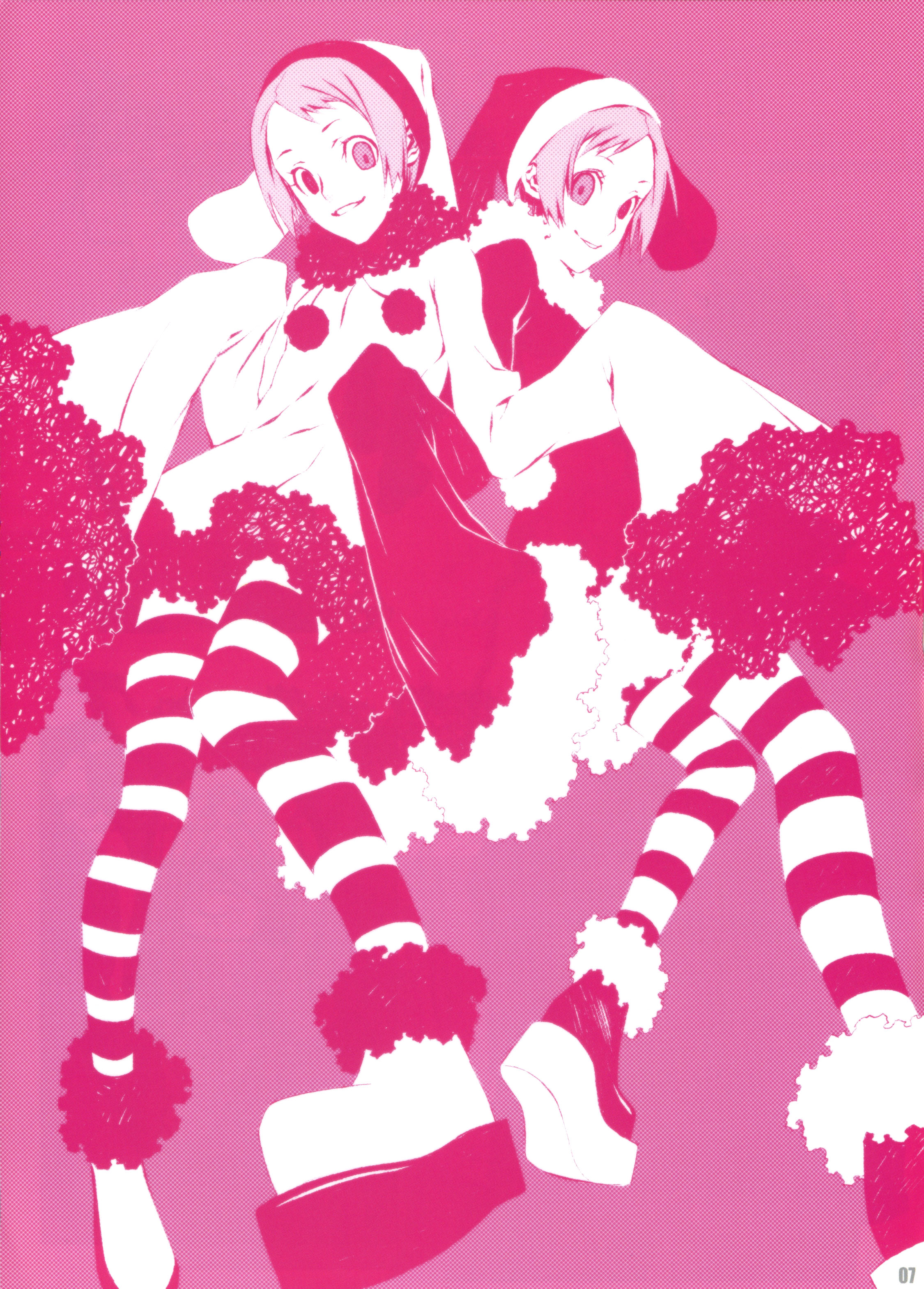 miwa shirow, luki, noki, dogs: bullets & carnage, platform footwear, striped legwear, absurdres, highres, 2girls, monochrome, multiple girls, pantyhose, pink theme, striped clothes, striped pantyhose