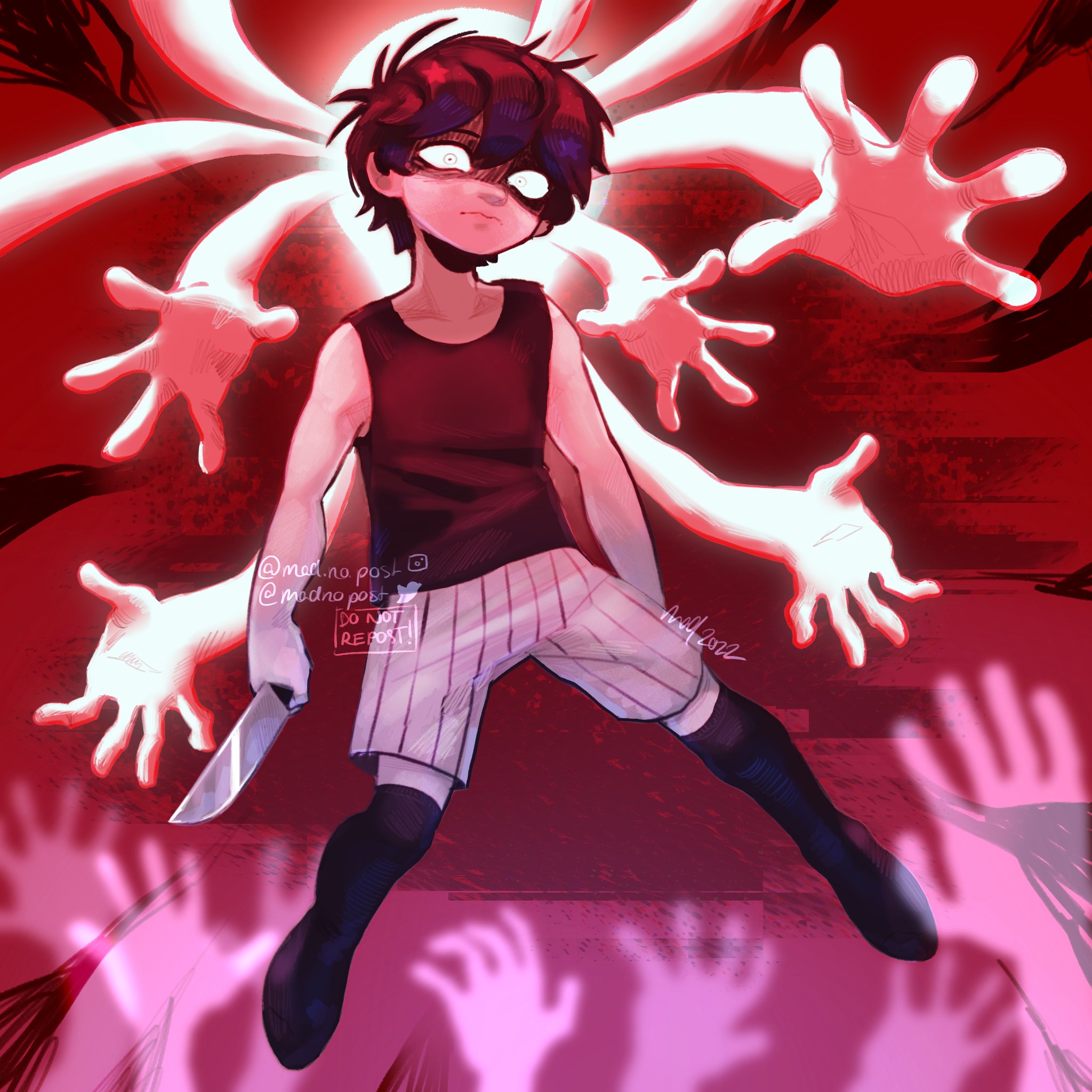 madnopost, omori (omori), omori, highres, 1boy, antenna hair, artist name, black hair, black tank top, black thighhighs, closed mouth, collarbone, colored skin, full body, holding, holding knife, knife, looking at viewer, male focus, short hair, shorts, solo, striped clothes, striped shorts, tank top, thighhighs, vertical-striped clothes, vertical-striped shorts, white eyes, white shorts, white skin