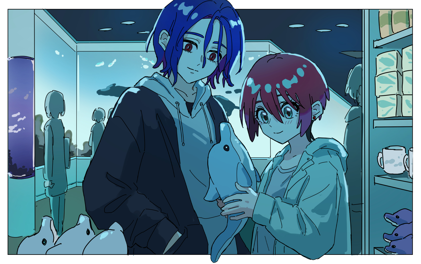 o6nuqm, amate yuzuriha, shuji ito, gundam, gundam gquuuuuux, commentary, 1boy, 1girl, aqua eyes, aqua hoodie, aqua jacket, aquarium, black jacket, blue hair, colored inner hair, dating, dolphin, earrings, grey hoodie, hair between eyes, hand in pocket, holding, holding stuffed toy, hood, hoodie, jacket, jewelry, layered clothes, light blush, long sleeves, multicolored eyes, multicolored hair, open clothes, open jacket, red eyes, red hair, shirt, short hair, smile, stuffed animal, stuffed toy, two-tone eyes, two-tone hair, wavy hair, white shirt