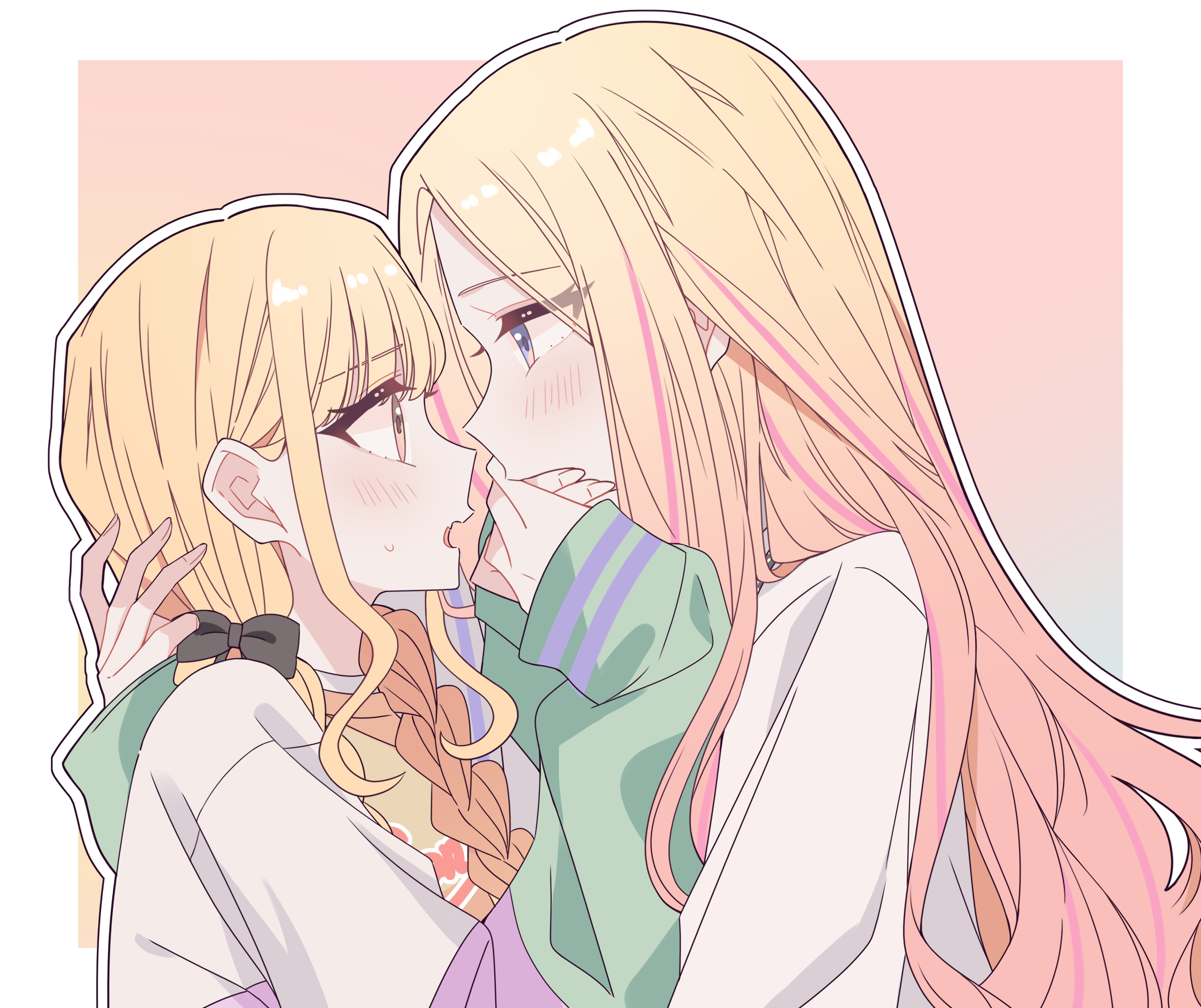kousaka 0v0, fujita kotone, juo sena, gakuen idolmaster, idolmaster, absurdres, commentary, highres, 2girls, black bow, blonde hair, border, bow, braid, covering another's mouth, eye contact, gradient background, hair bow, hand over another's mouth, long hair, looking at another, multiple girls, orange eyes, outline, pink background, pink streaks, purple eyes, rejected kiss, shirt, twin braids, upper body, white border, white outline, white shirt, yuri