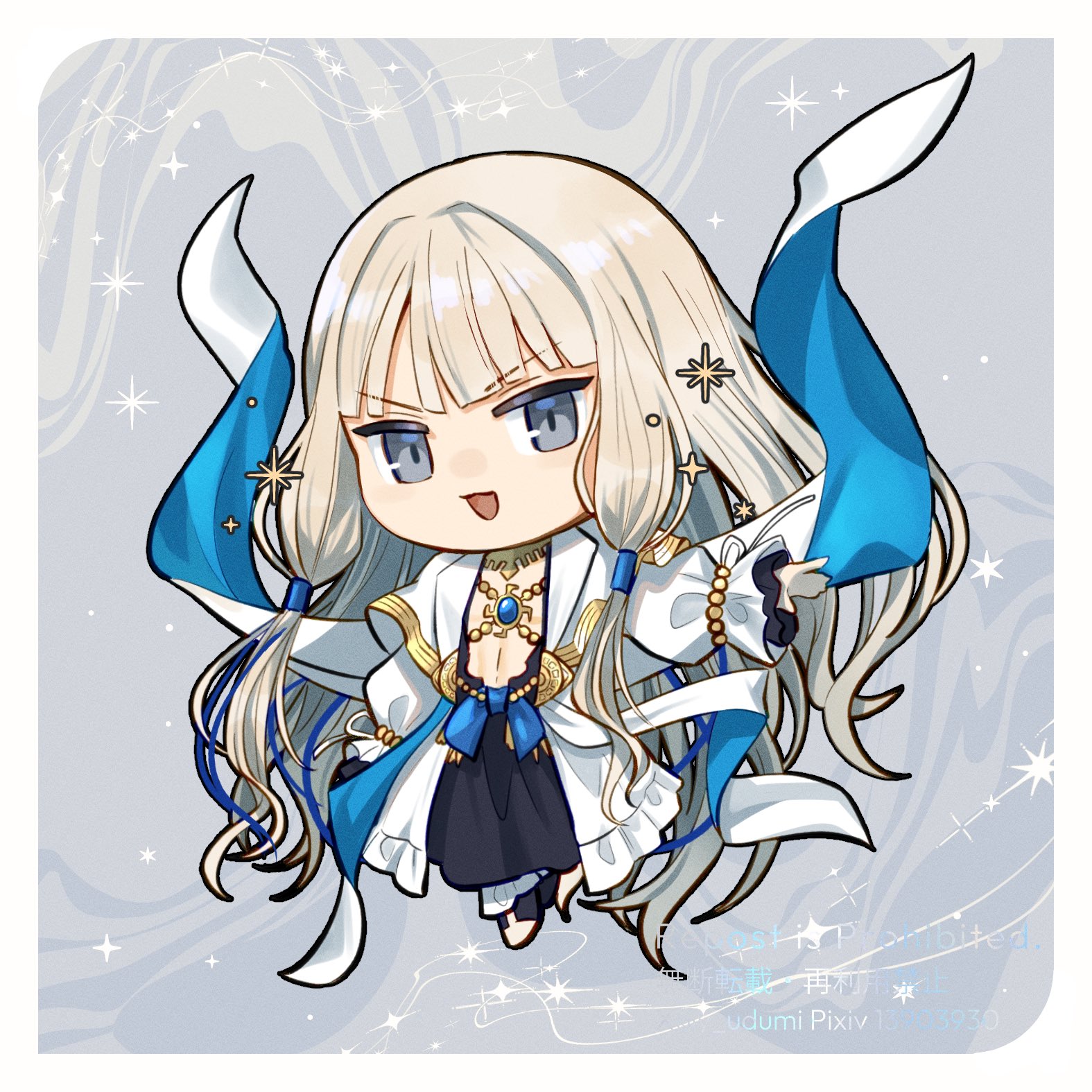 yamano udumi, noah (fate), fate/grand order, fate (series), highres, 1boy, :3, :d, arm at side, artist name, black pants, blonde hair, chibi, chibi only, full body, gold trim, grey eyes, jewelry, long hair, long sidelocks, long sleeves, looking at viewer, low-tied sidelocks, male focus, open clothes, open mouth, open robe, outstretched arm, pants, pixiv id, robe, sidelocks, smile, solo, sparkle, swastika, v-shaped eyebrows, very long hair, very long sidelocks, white robe