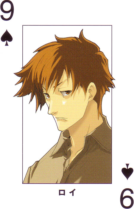 enami katsumi, narita ryohgo (mangaka), roy maddock, roy murdoch, baccano!, official art, 00s, 1boy, card, card (medium), male focus, playing card, solo