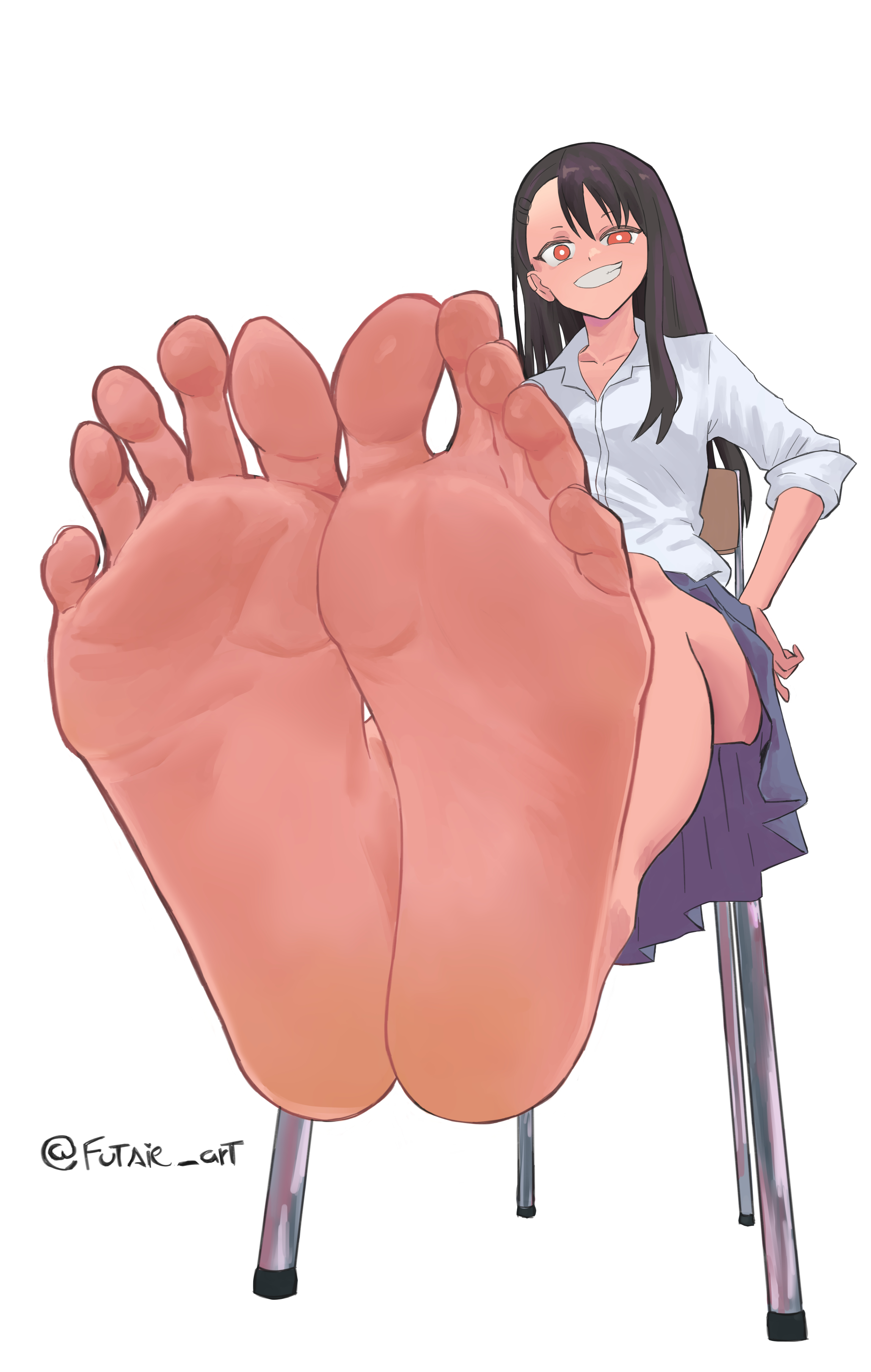futsie, nagatoro hayase, ijiranaide nagatoro-san, absurdres, highres, 1girl, barefoot, black hair, brown eyes, chair, feet, grin, long hair, looking at viewer, sitting, smile, soles, toes