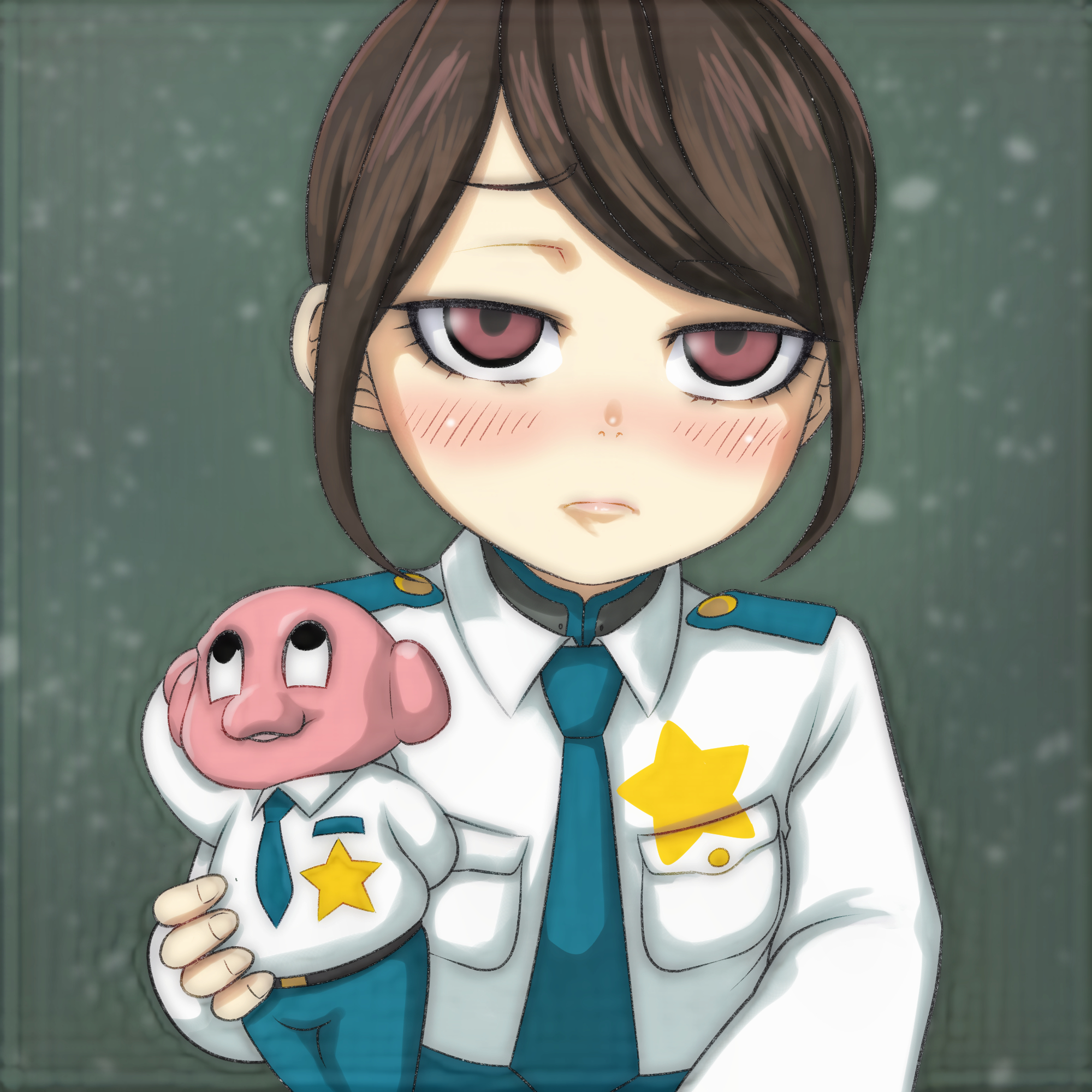 t jiroo (ringofriend), kanzaki ryouko, milky galactic universe, milky highway, milky subway, milky ☆ subway: the galactic limited express, 1girl, blue necktie, blue pants, blush, breast pocket, brown eyes, brown hair, holding, holding stuffed toy, long sleeves, looking at viewer, necktie, pants, pocket, police, police uniform, policewoman, print shirt, shirt, short hair, star (symbol), star print, stuffed animal, stuffed pig, stuffed toy, upper body, white shirt