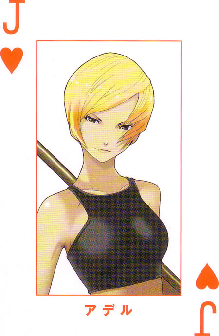 enami katsumi, narita ryohgo (mangaka), adele (baccano!), baccano!, official art, 00s, 1girl, card, card (medium), female focus, jack (playing card), jack of hearts, playing card, solo