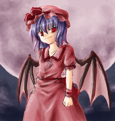 remilia scarlet, touhou, lowres, 1girl, bat wings, female focus, full moon, hat, moon, outdoors, sky, solo, wings