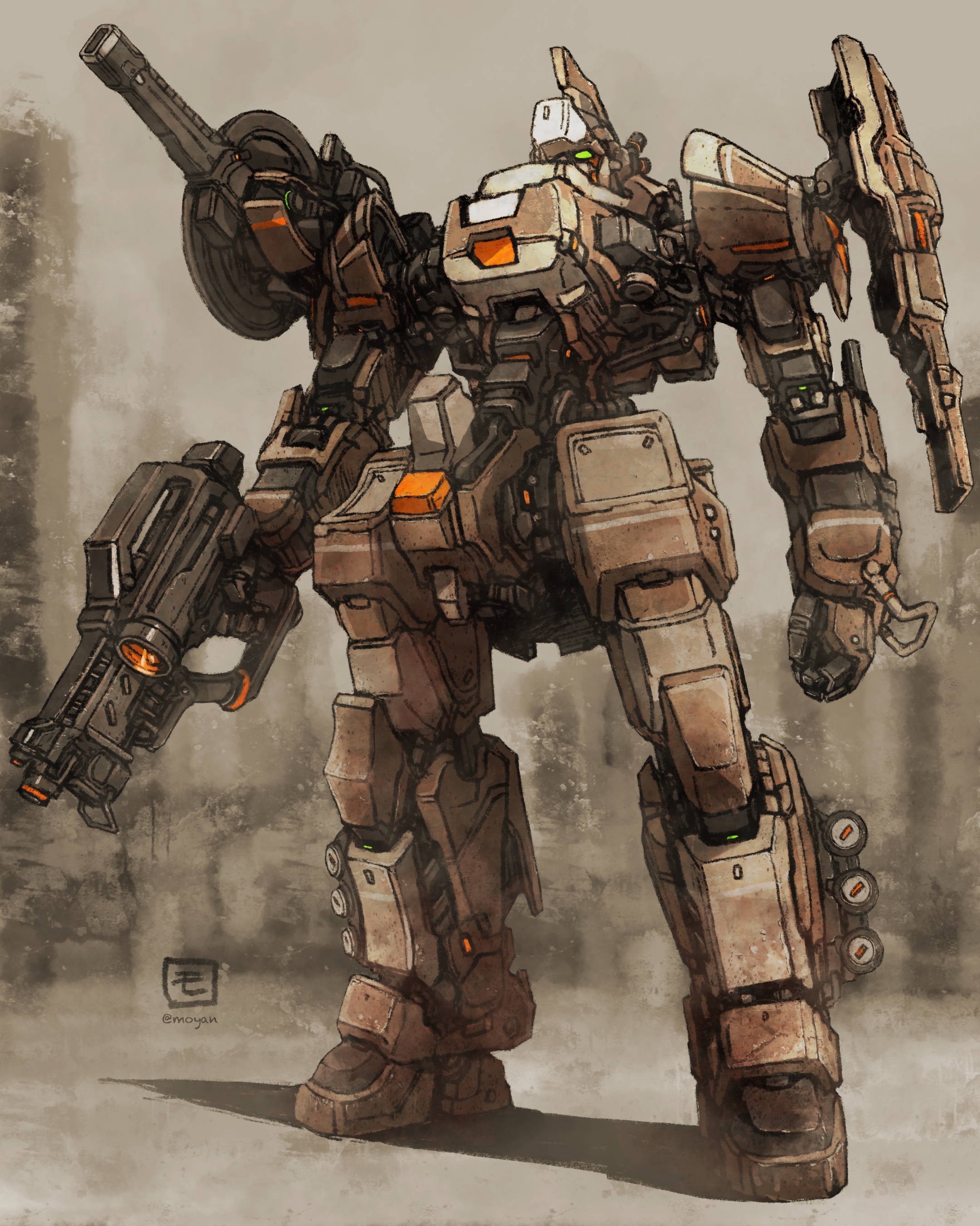 moyan, original, absurdres, commentary request, highres, arms at sides, beam cannon, full body, green eyes, gun, holding, holding gun, holding weapon, mecha, mecha focus, no humans, robot, science fiction, shadow, standing, twitter username, weapon