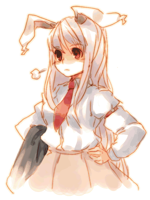 takishima asaka, reisen udongein inaba, touhou, light purple hair, 1girl, animal ears, female focus, hand on own hip, long hair, necktie, rabbit ears, red eyes, red necktie, sigh, solo