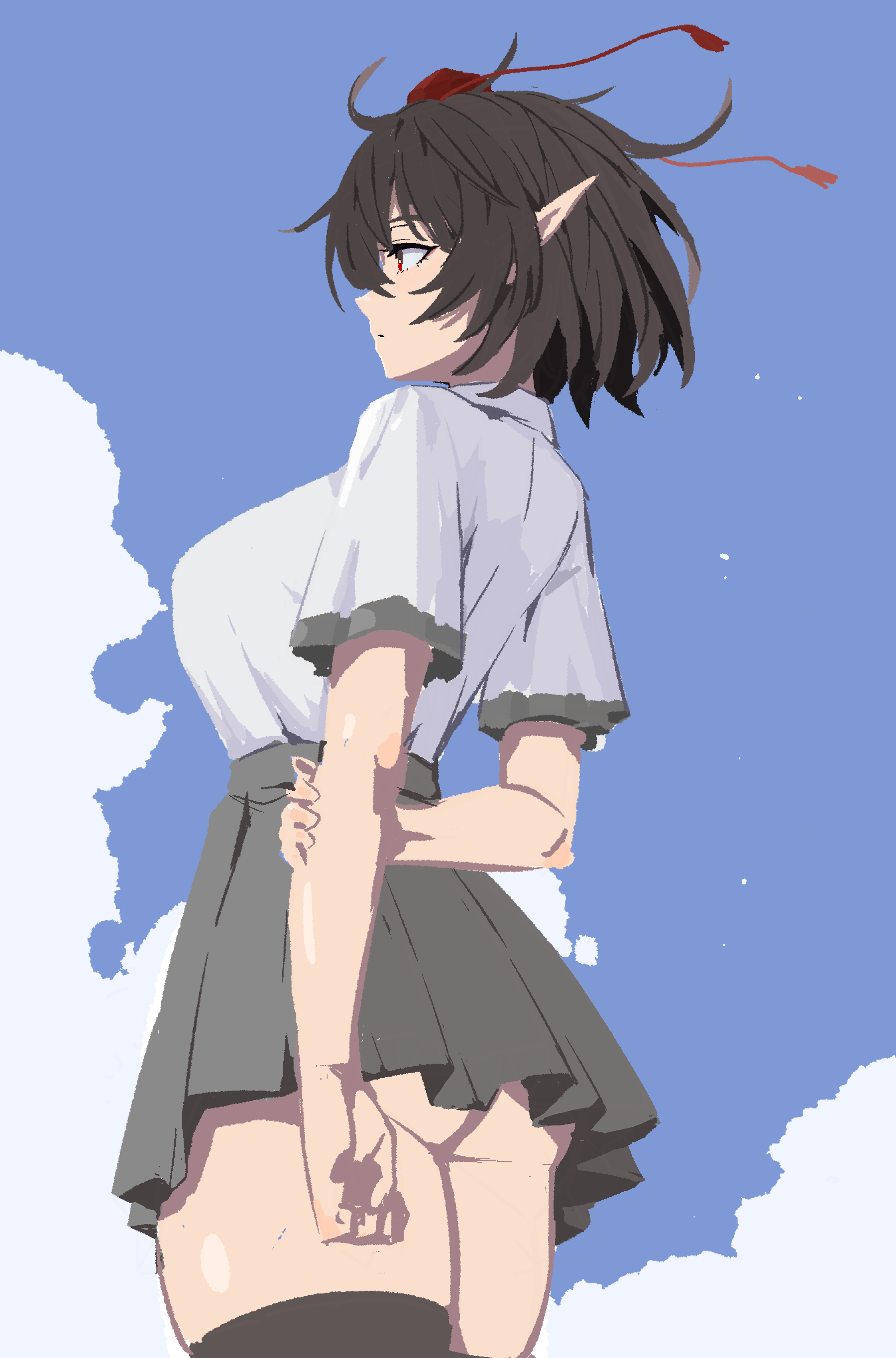 formicid, shameimaru aya, touhou, absurdres, highres, 1girl, ass, black hair, black skirt, black thighhighs, hat, looking afar, pleated skirt, pointy ears, red eyes, shirt, short hair, short sleeves, skirt, solo, thighhighs, tokin hat, white shirt