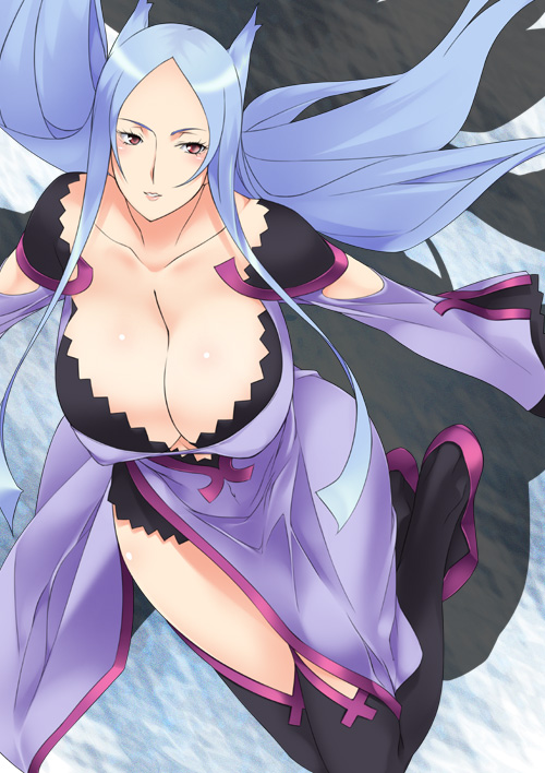 mizuki makoto, machina (dragonaut), dragonaut, 00s, 1girl, black thighhighs, blue hair, breasts, cleavage, collarbone, female focus, huge breasts, long hair, parted lips, solo, thighhighs